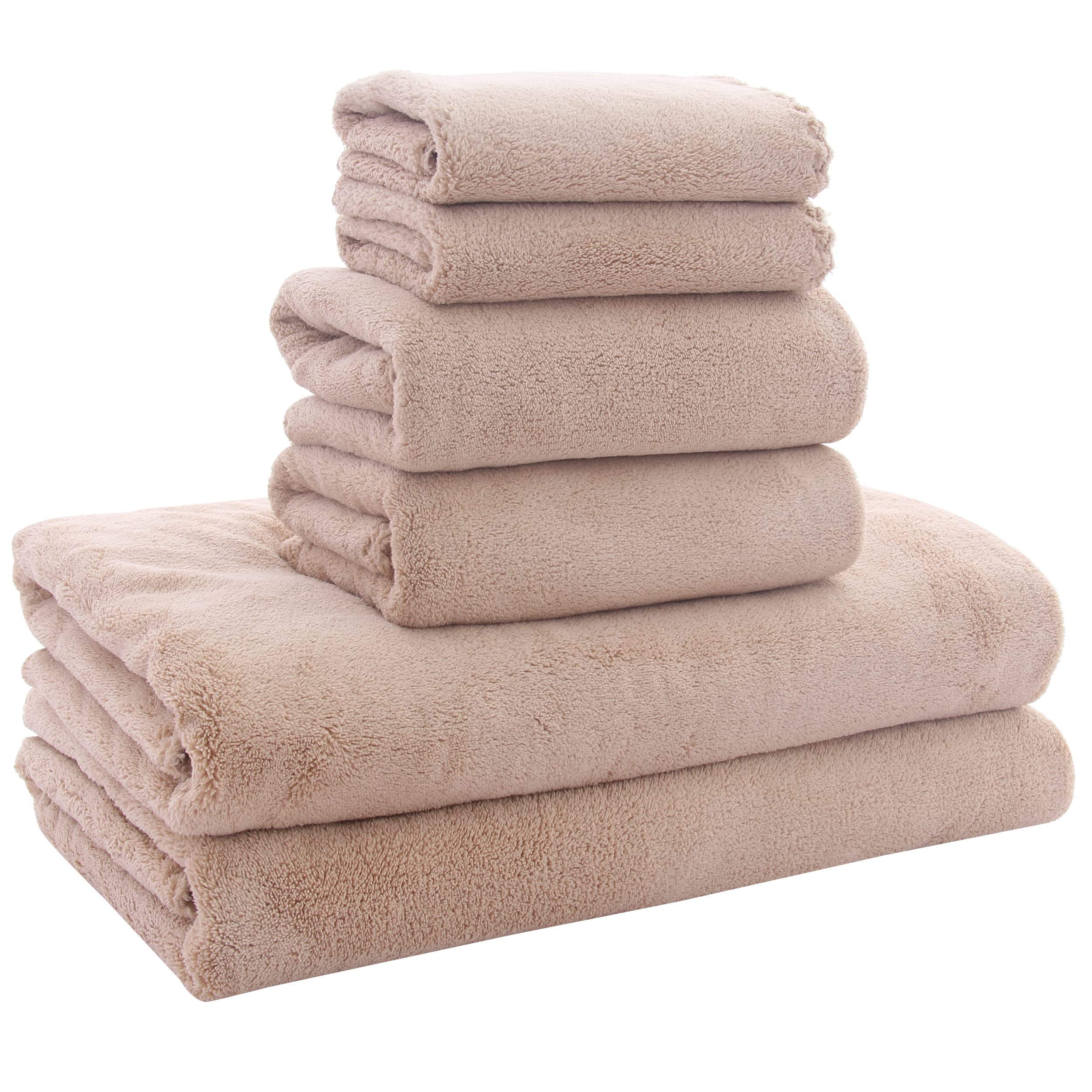 MOONQUEEN Premium Ultra Soft Quick Dry Bath Towel Set - 2 Bath Towels, 2 Hand Towels, 2 Washcloths - Super Absorbent Microfiber Coral Velvet Towels for Bathroom, Gym, Spa, Travel & Yoga (Brown, 6 Piece Set) - Perfect for Home, Hotels & Gifts
