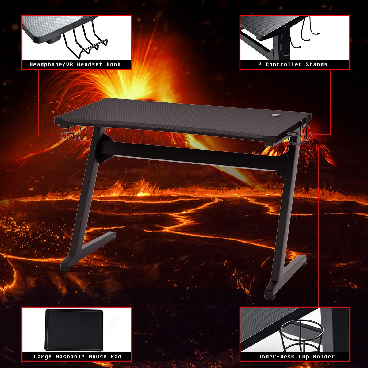 Tangkula Z-Shaped Ergonomic Gaming Desk - Carbon Fiber Surface Computer Desk with Cup Holder, Headphone Stand & Mouse Pad - Sturdy Steel Frame Workstation for PC Gamers & Streamers (Black) | Perfect for Esports, Home Office & Gaming Setups