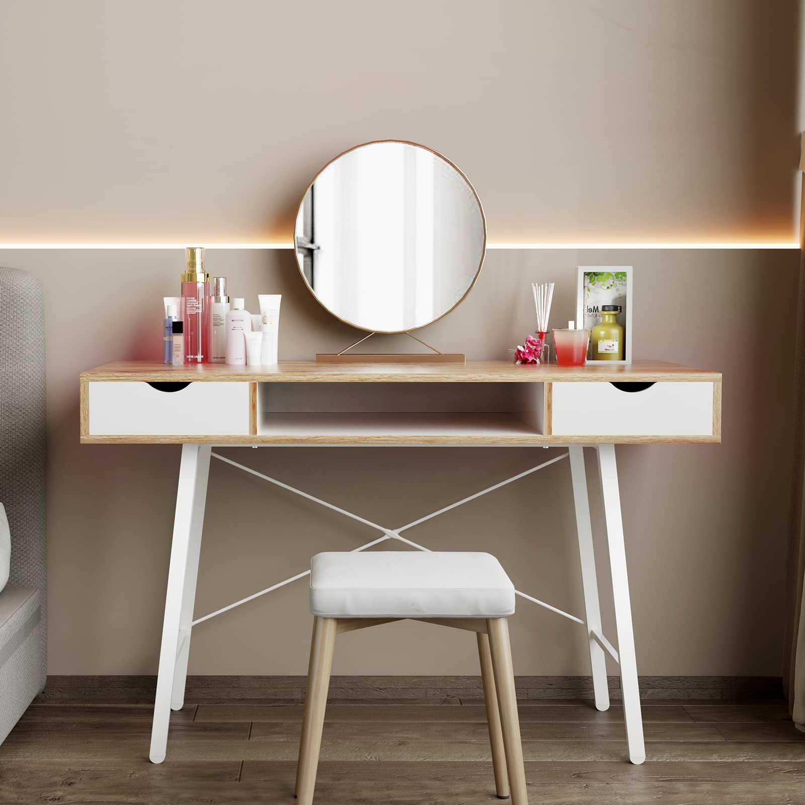 Mid Century Modern Desk with 2 Drawers & Storage Cube - 47 Inch Writing Study Desk for Small Spaces | Home Office Computer Desk, Multifunctional Vanity Dressing Table | Perfect for Apartments, Dorms & Compact Workspaces