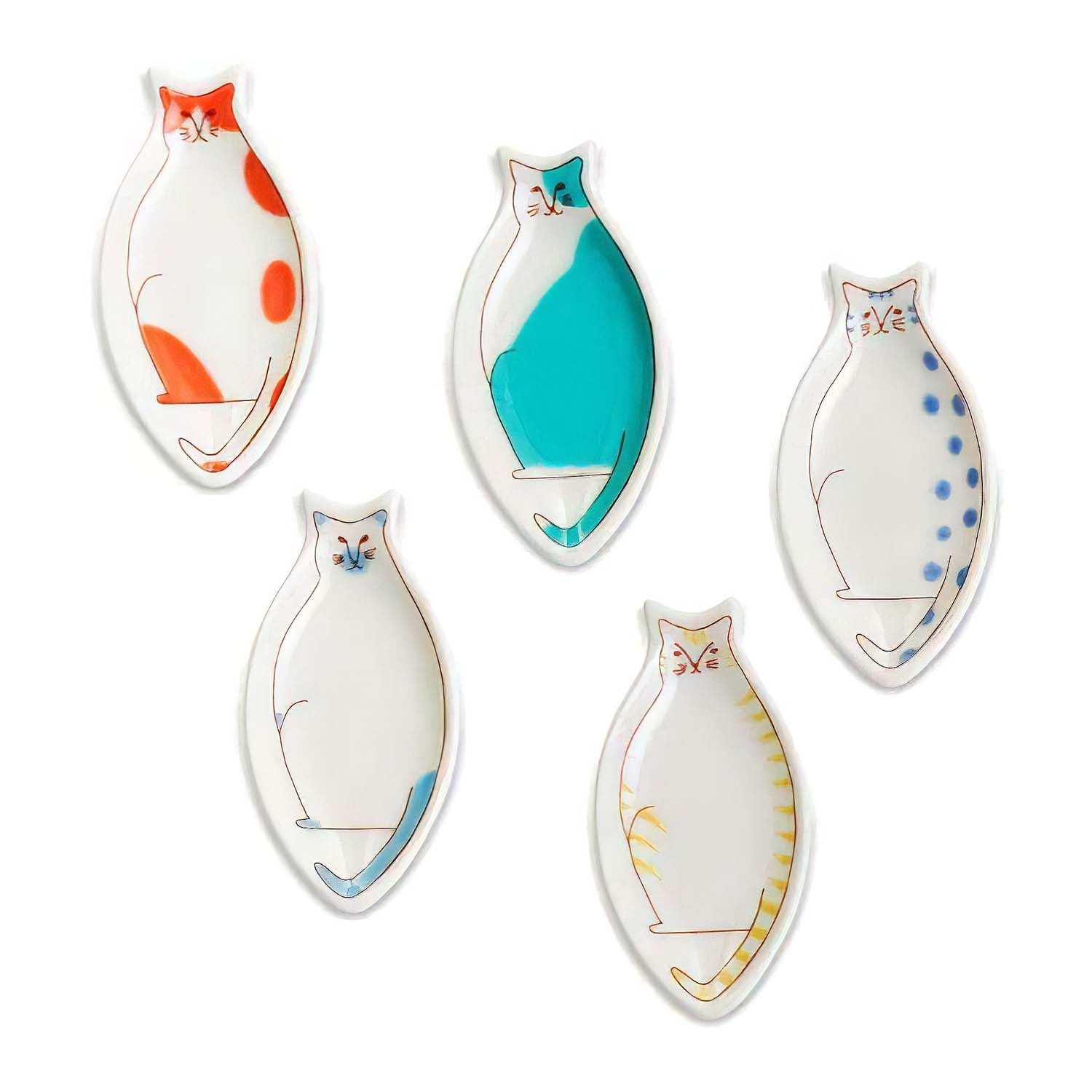 Harekutani Porcelain Cat Small Plates Set - 5 Piece Japanese Style Decorative Appetizer Dishes for Tea Party, Dessert Serving & Home Decor