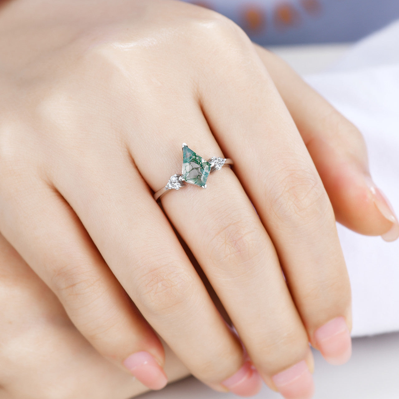 Vintage Kite-Shaped Natural Moss Agate & Diamond Engagement Ring in 14K White Gold - Perfect for Romantic Proposals, Anniversaries & Unique Bridal Jewelry