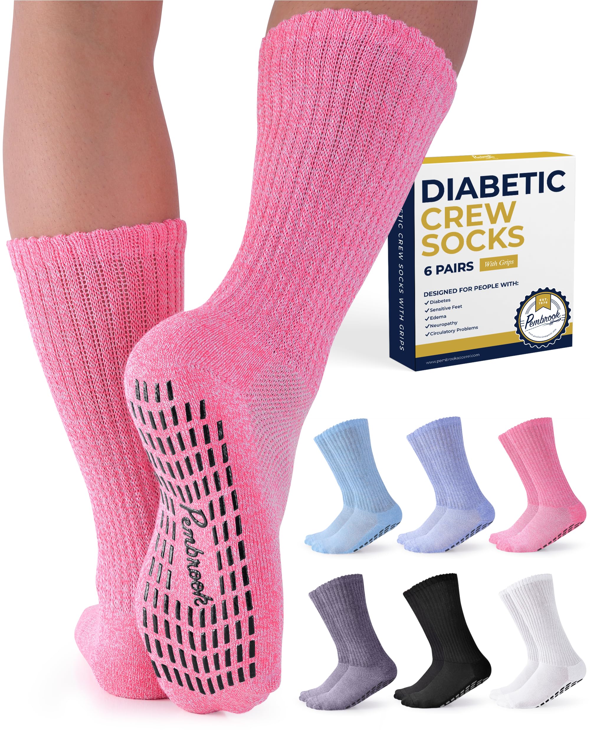 Pembrook 6 Pairs Diabetic Socks with Non-Slip Grippers for Men & Women - Breathable Neuropathy & Edema Relief Socks in 12 Colors | Perfect for Daily Wear, Work & Travel