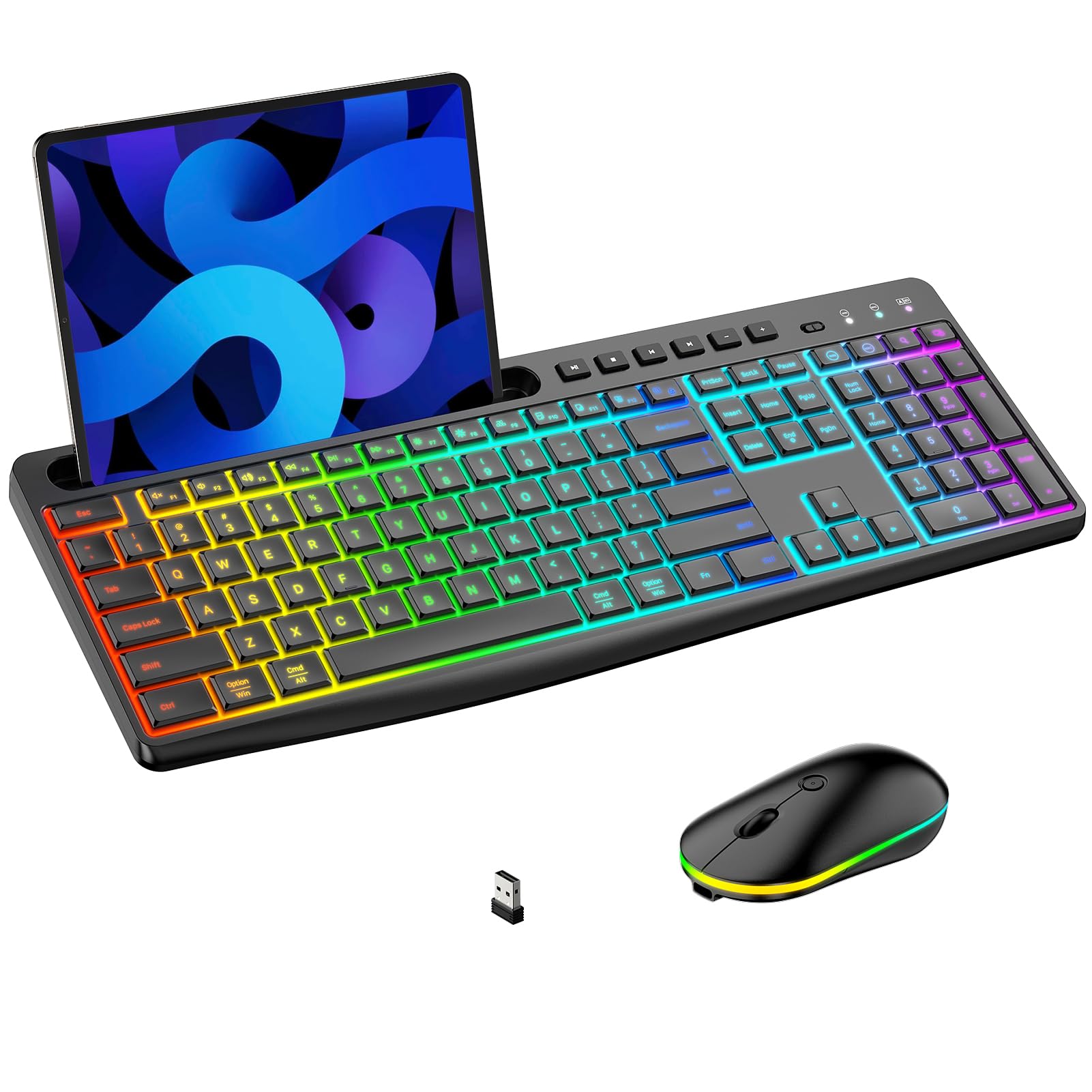 Wireless Keyboard and Mouse Combo with Backlit - 2.4Ghz Rechargeable RGB Backlit Keyboard & Mouse Set with Phone/Tablet Holder, 11 Shortcut Keys, Silent Click for PC, Mac, Windows - Perfect for Office Work, Gaming, and Home Computing