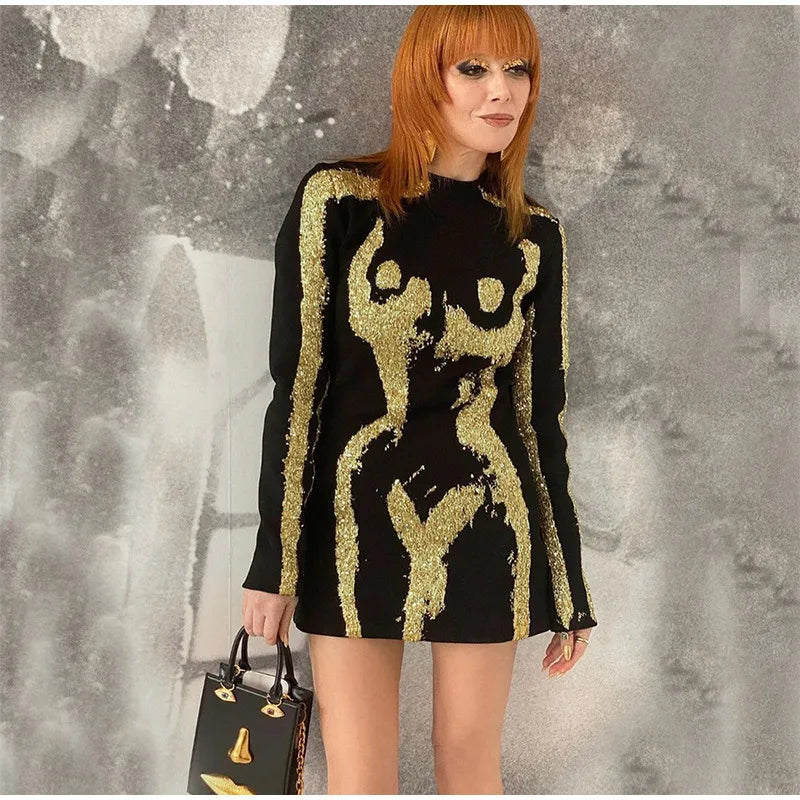 Black Bandage Dress - Sexy Mini Party Dress with Gold Accents for Women | Cocktail & Evening Outfits | Perfect for Nightclubs, Dates & Special Events