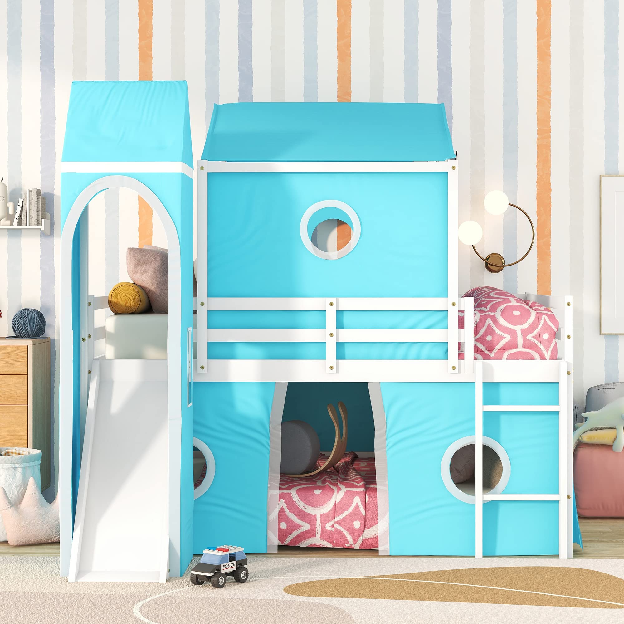Harper & Bright Designs Full Size Kids Loft Bed with Slide, Tent & Ladder - Wooden Playhouse Bed Frame for Boys, Girls & Teens - Perfect for Small Bedrooms, Playrooms & Kids' Sleepovers (Full, Blue)
