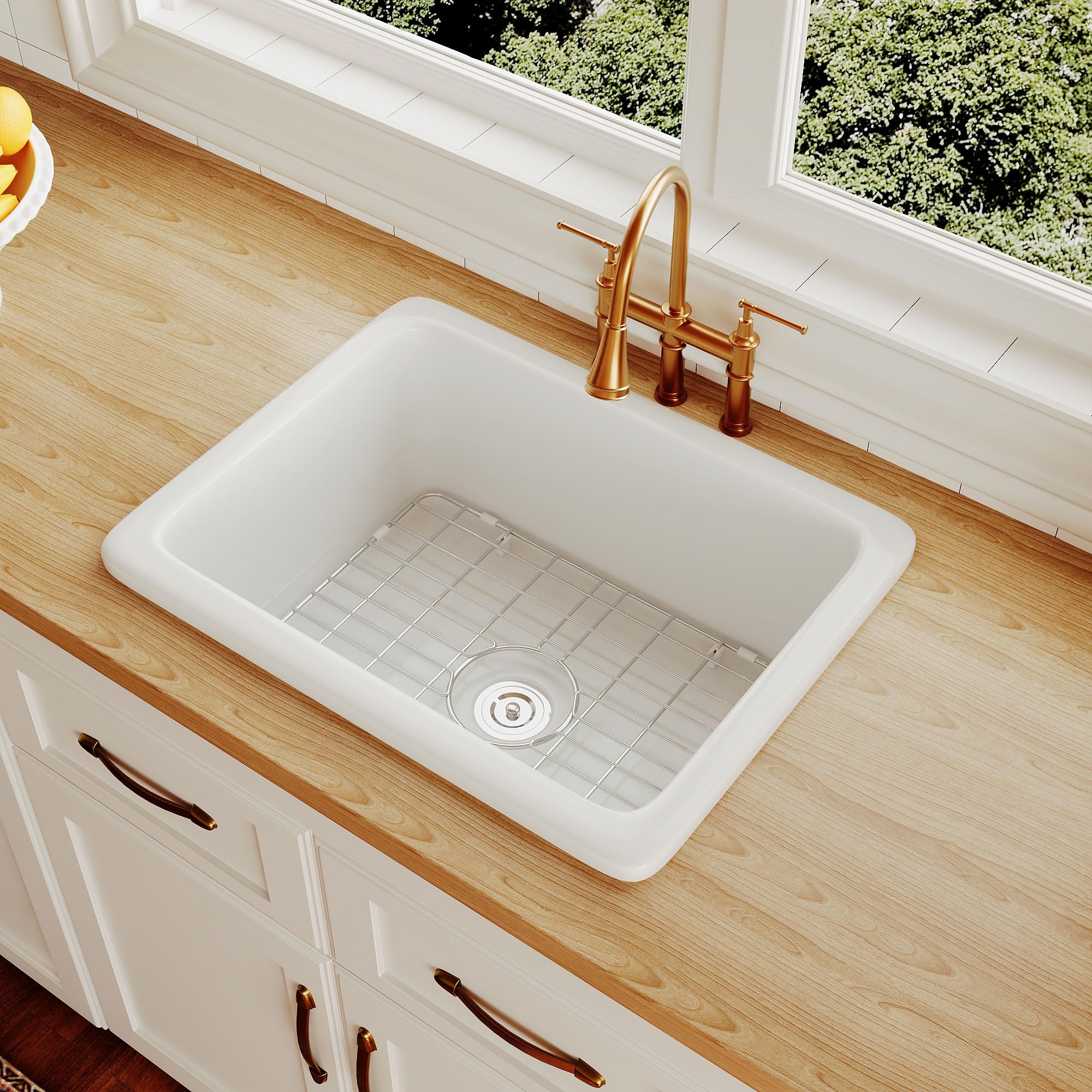 Premium White Fireclay Undermount Kitchen Sink - DeerValley Single Bowl Workstation Sink with Sink Grid & Basket Strainer (24.02