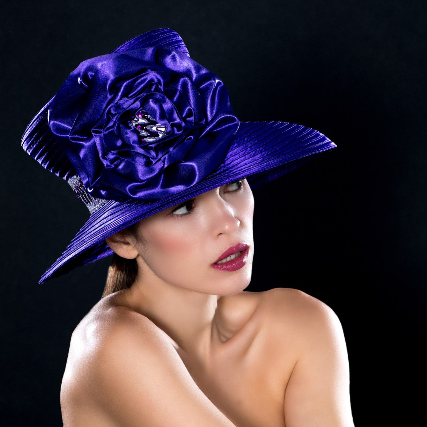 Elegant Purple Satin Wide Brim Church Hat with Sequin Trim - Perfect for Weddings, Easter, Sunday Service & Special Occasions