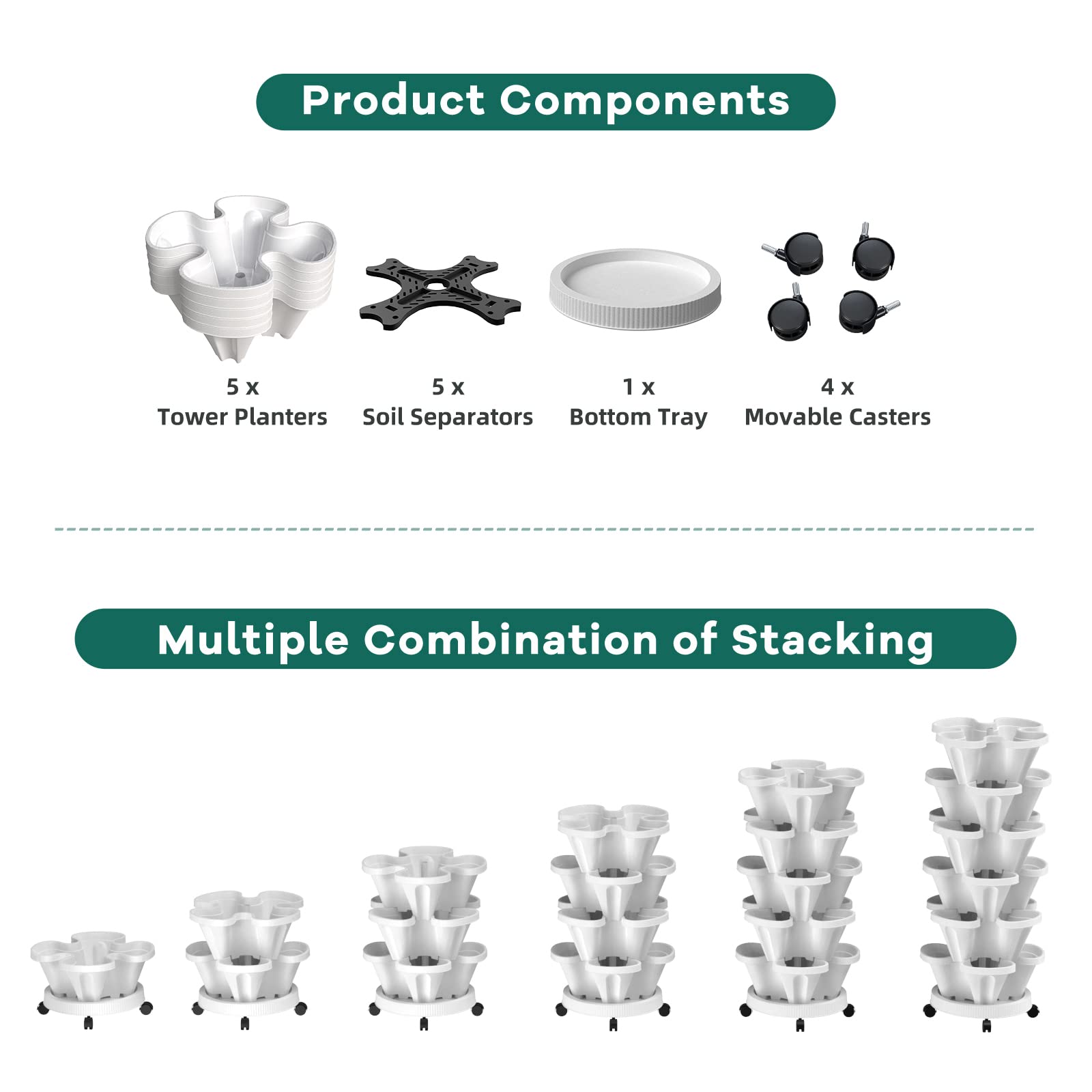 5-Tier Stackable Strawberry Vertical Planter with Movable Casters & Drainage Saucer - Indoor/Outdoor Tower Garden for Herbs, Vegetables & Fruits - Perfect for Patio, Balcony & Small Space Gardening