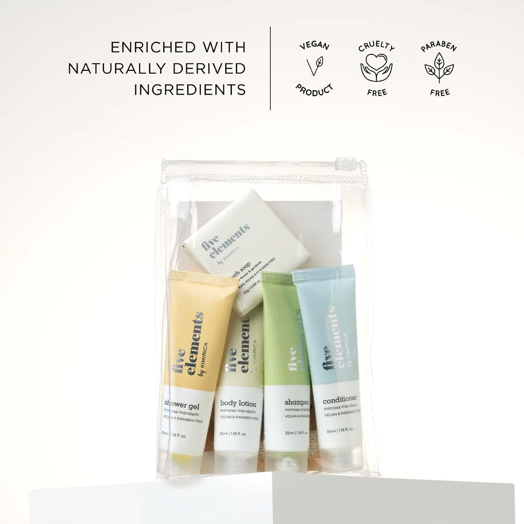 Kimirica Luxury Travel Kit - 6-in-1 Vegan Bath & Body Care Set with Reusable Pouch | Five Elements Aromatherapy Essentials for Vacation, Business Trips & Gifts