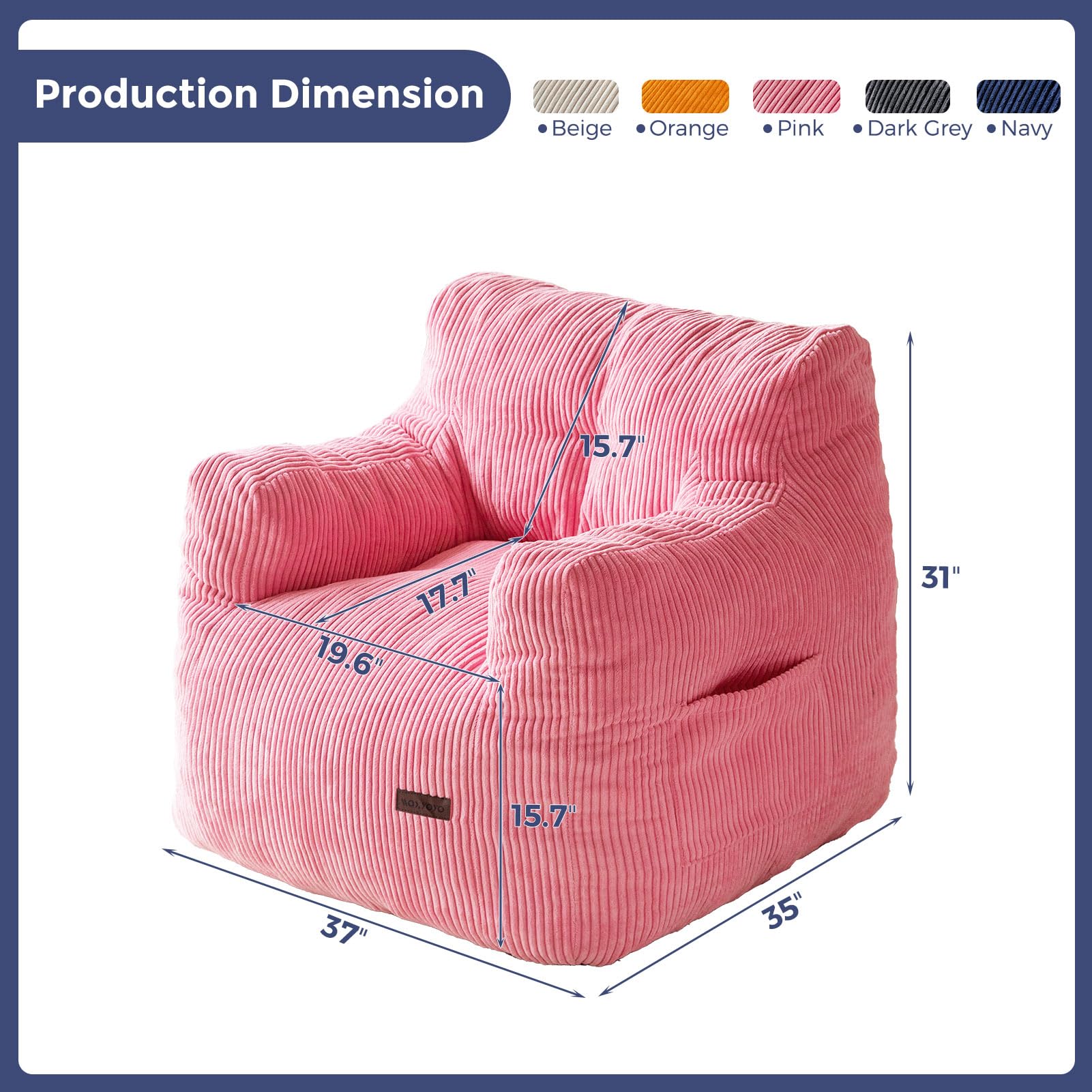 MAXYOYO Tufted Corduroy Bean Bag Chair for Adults & Teens - Pink Comfortable Lazy Sofa with Filler - Perfect for Living Room, Bedroom, Dorm or Game Room Relaxation