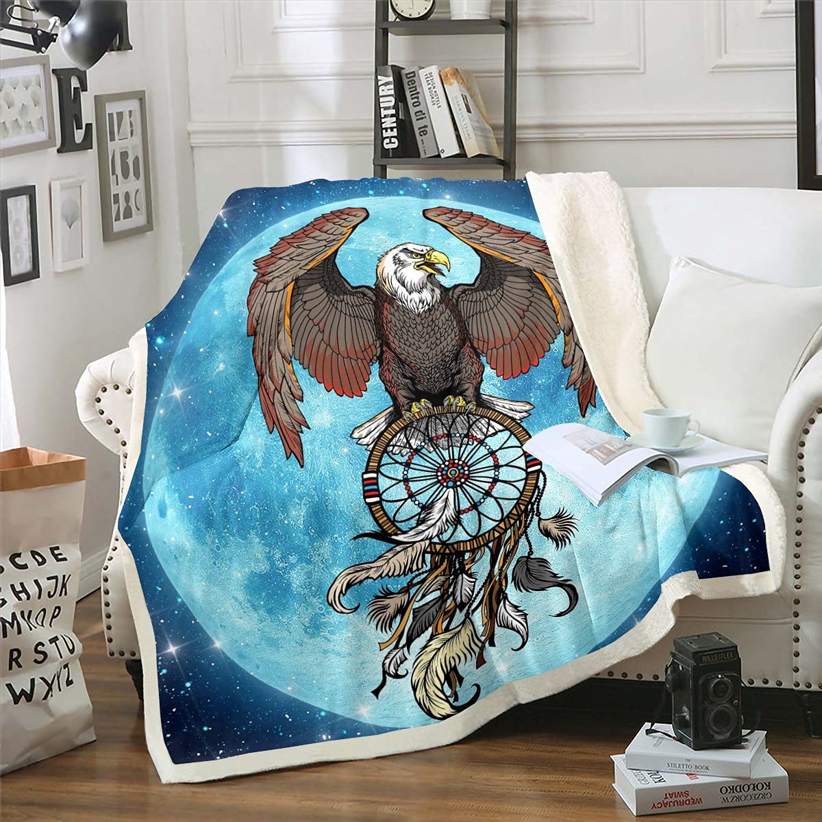 Dream Catcher Feathers Sherpa Blanket Twin 60x80 Inches - Bohemian Mandala Floral Fleece Blanket for Girls, Winged Eagle Throw Blanket - Soft Plush Fuzzy Blanket for Sofa, Bed, Chair Decor - Boho Chic Galaxy Blue Blanket for Cozy Nights, Camping & Gift Giving