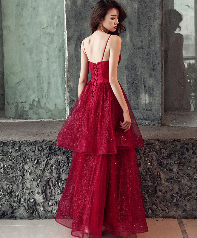 Elegant Burgundy V-Neck Tulle Long Prom Dress - Shiny Evening Gown for Formal Events, Homecoming, Weddings & Special Occasions