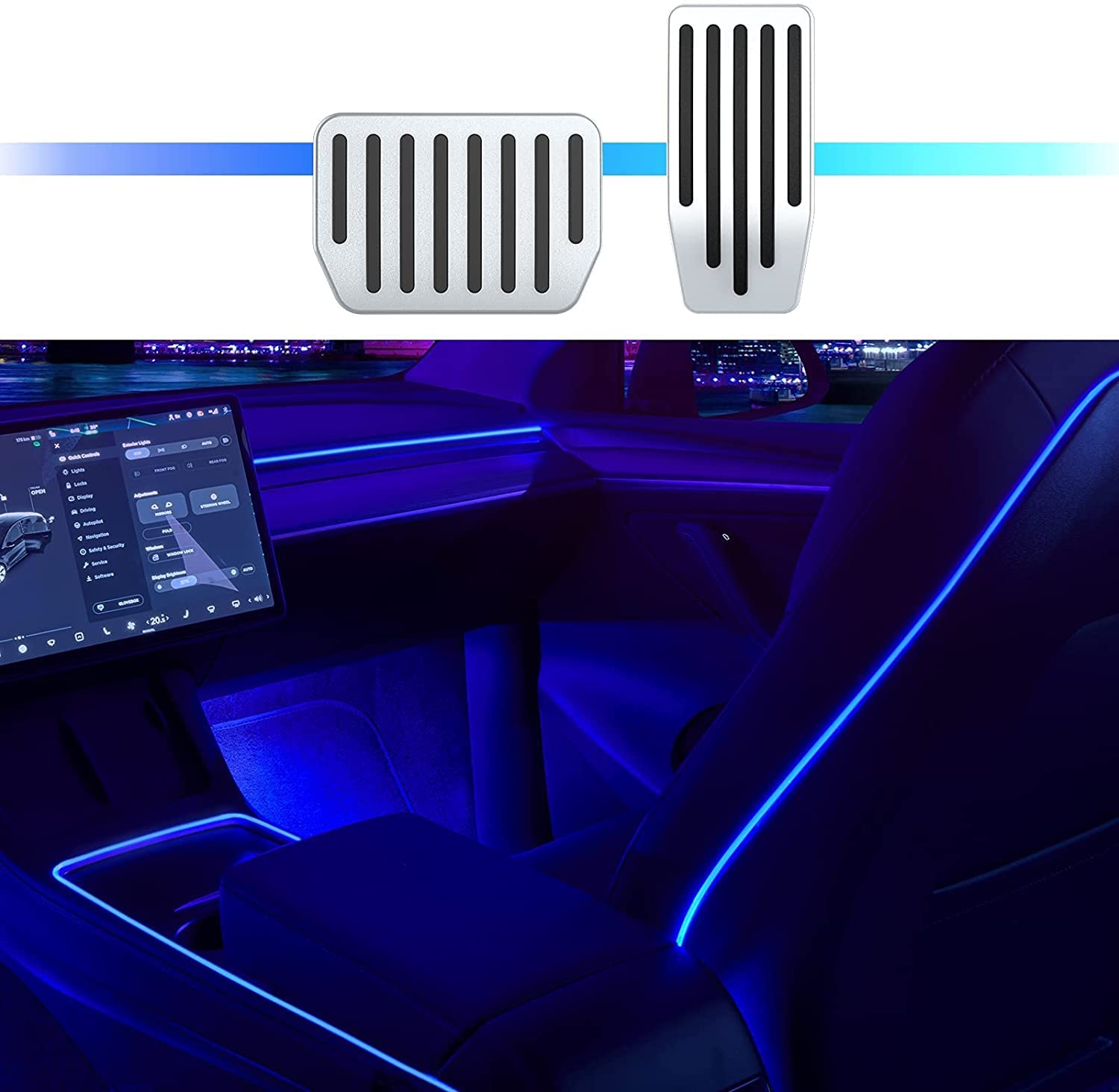 Nestour Tesla Model 3 & Y Foot Pedal Cover and Interior LED Neon Light Kit (2021-2022) - Center Console, Dashboard, Seat Back & 4 Footwell Lights for Custom Car Lighting | Perfect for Night Driving & Car Shows