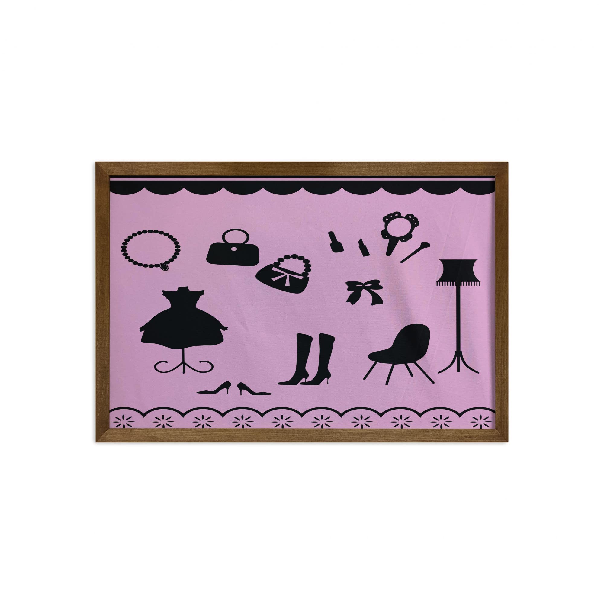 Ambesonne Fashion Wall Art - Women's Boutique Shop Elements with Purse, High Heels, Necklace, Dress & Nail Polish | Teak Wood Frame Fabric Decor for Living Room, Bedroom & Dorm | 35 x 23 Inches, Black & Lilac | Perfect for Home Decor & Gift Giving