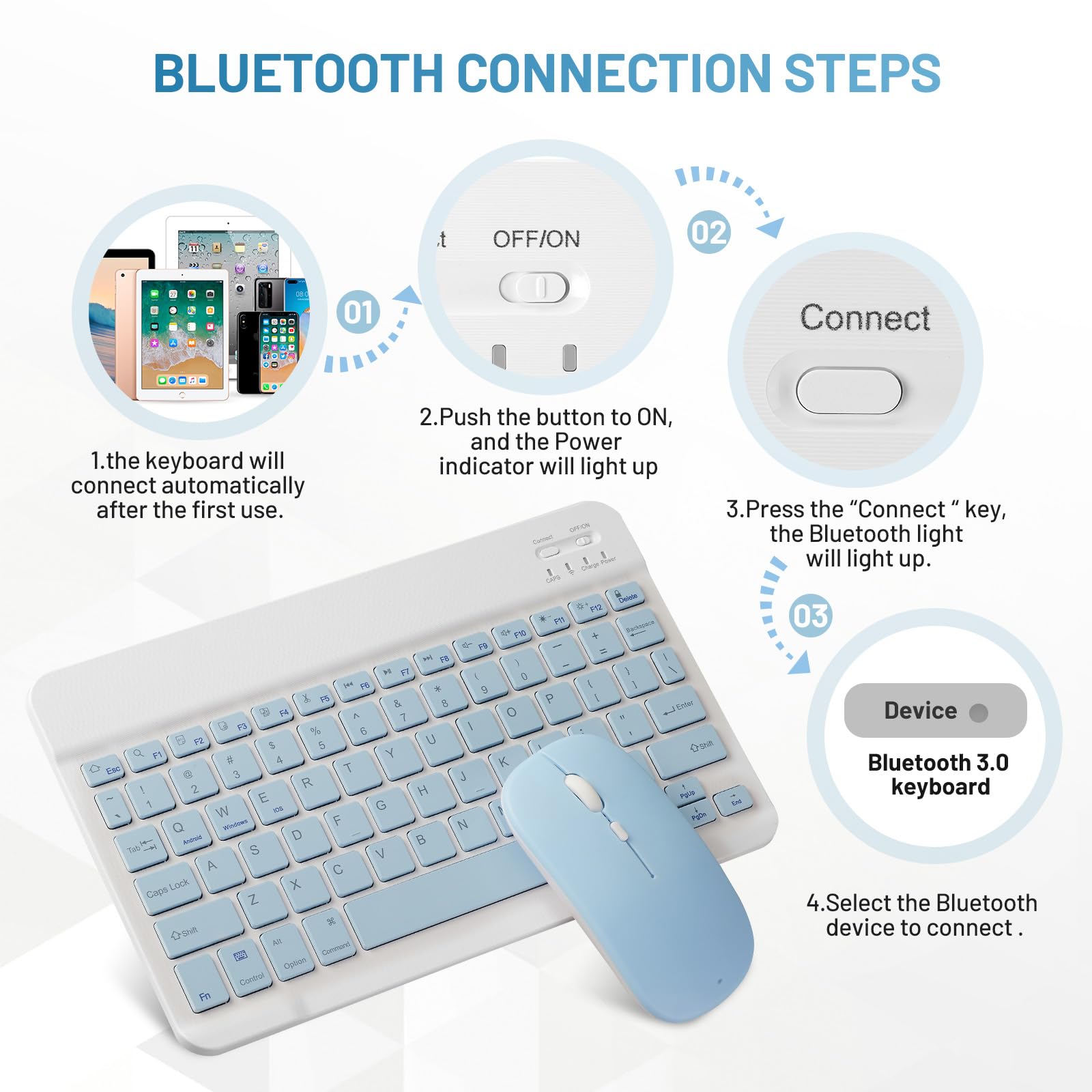 Rechargeable Bluetooth Keyboard and Mouse Combo - Wireless Portable Set for Apple iPad/iPhone (iOS 13+), Samsung Tablet, Android & Windows Devices (10-inch, Blue) - Perfect for Home Office, Remote Work & Travel