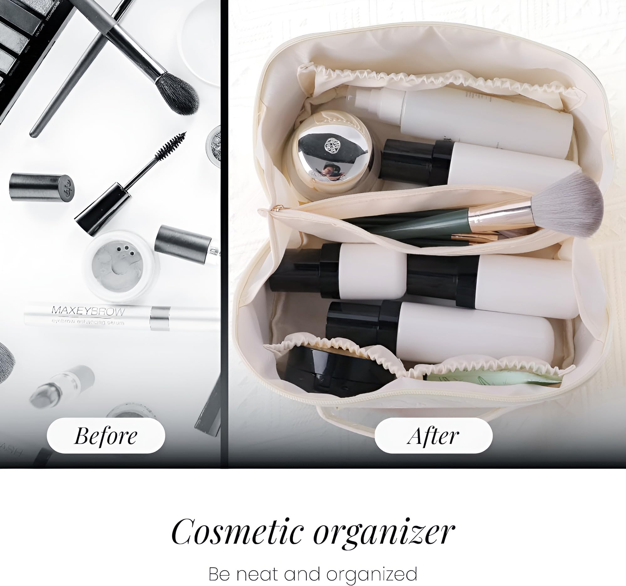 NFI Essentials Women's Leather Cosmetic Travel Organizer Bag - Portable Makeup Pouch & Toiletry Bag with Wide Opening, Handle & Divider - Perfect for Air Travel, Gym & Weekend Getaways