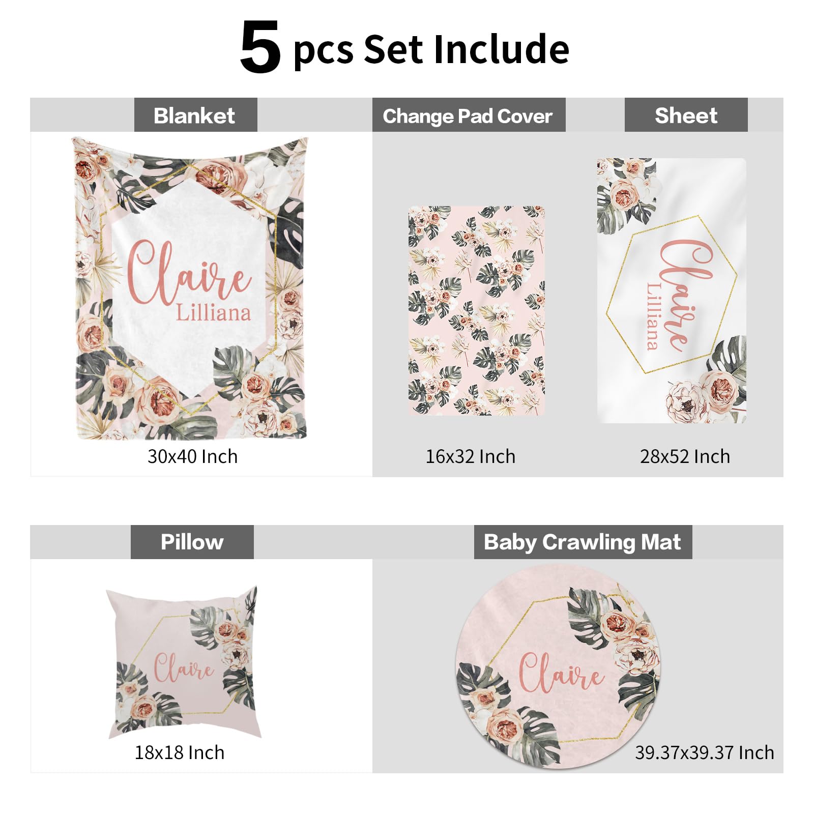 Custom Nursery Crib Bedding Set - Personalized Baby Blanket, Fitted Crib Sheet & Changing Pad Cover | Boho Green Leaves Pattern Pink Baby Room Decor | Perfect for Newborn Gifts & Nursery Design (Fixed Size) - Ideal for Baby Showers, Gender Reveals & Nursery Room Makeovers