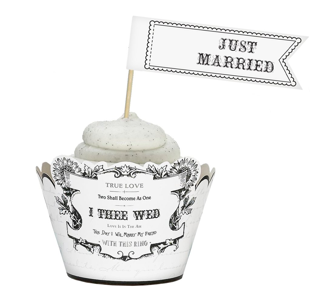 Vintage Black and White Just Married Cupcake Picks - Wedding Cake Decorations for Bridal Shower, Bachelorette Party & Anniversary Celebrations