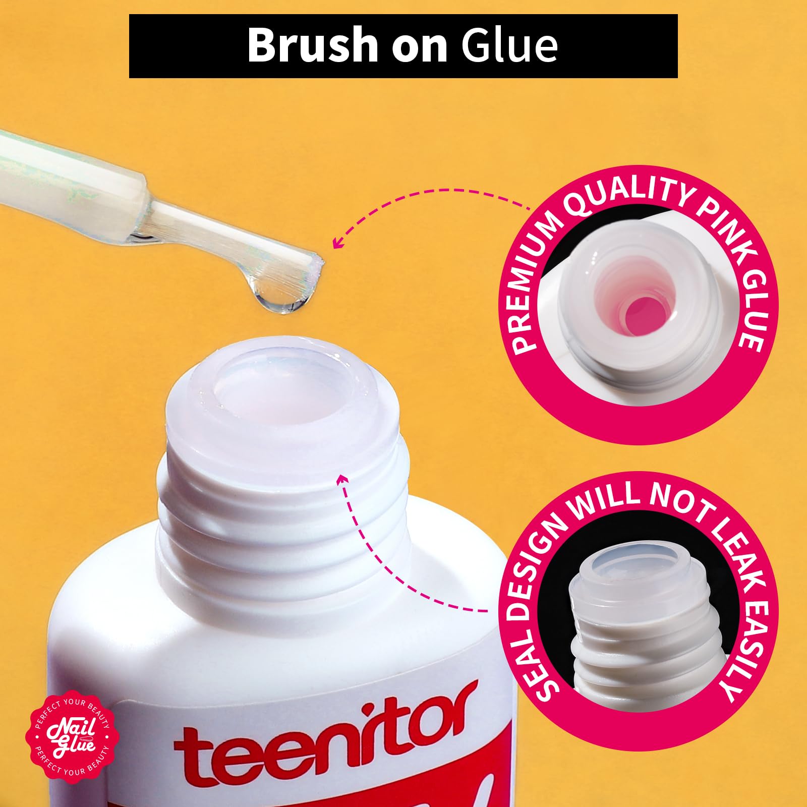 Teenitor Pink Nail Glue - 10 Pack Brush On Nail Adhesive for Press On & Acrylic Nails - Strong, Water Resistant & Fast Drying - No UV Lamp Needed - Perfect for Salon, Home Manicures & Nail Art DIY