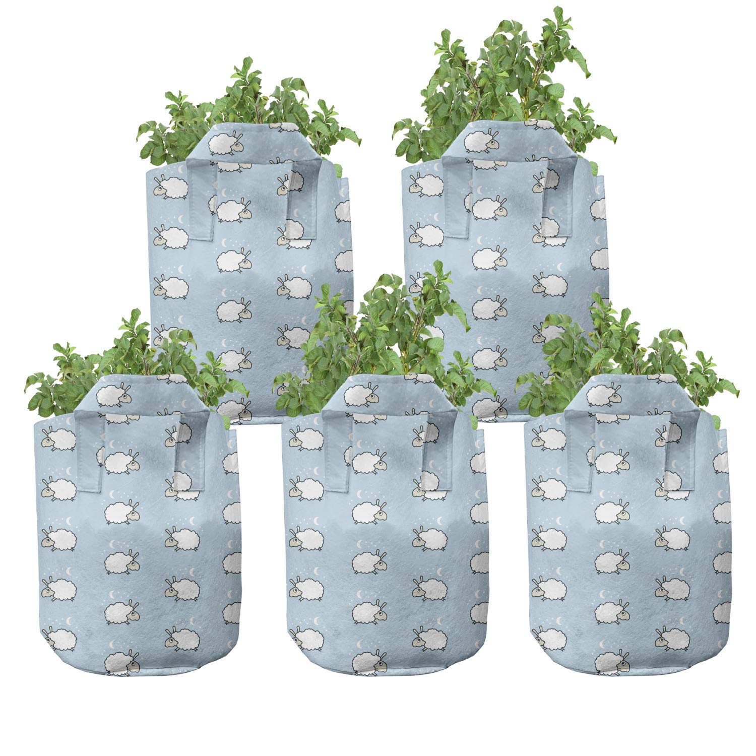 Ambesonne 5-Pack Heavy Duty Fabric Grow Bags with Handles - Counting Sheep Cartoon Pattern Plant Pots for Vegetables, Herbs & Flowers - Indoor/Outdoor Gardening, Balcony & Patio Decor (Pale Blue & White)