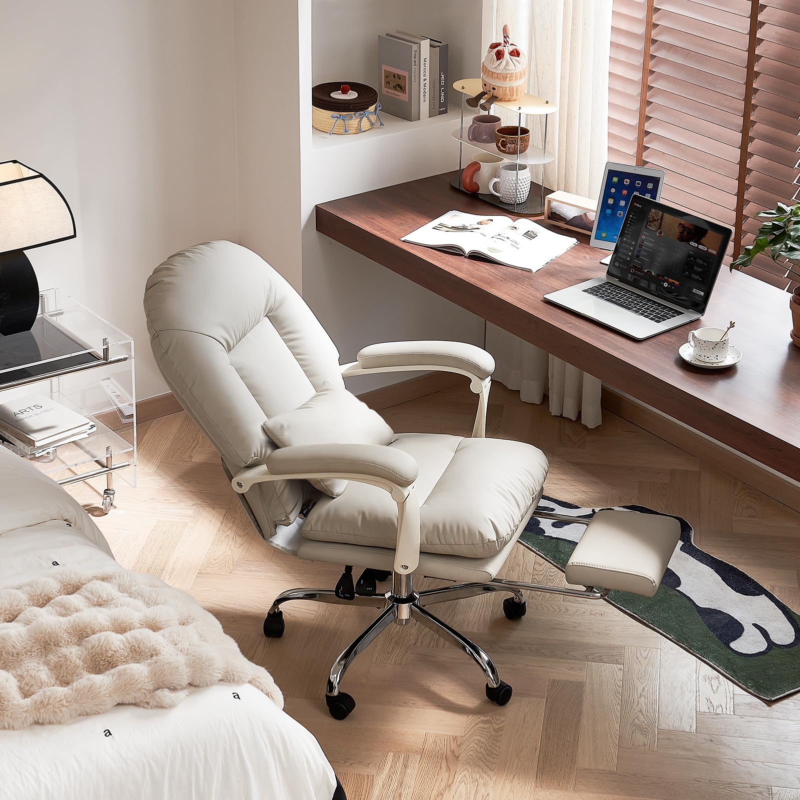 EMIAH Ergonomic Office Chair with Adjustable Footrest, Reclining Back & Lumbar Support - PU Leather Swivel Computer Chair with Wheels for Home & Executive Office - Perfect for Long Work Hours & Gaming Sessions (Beige)