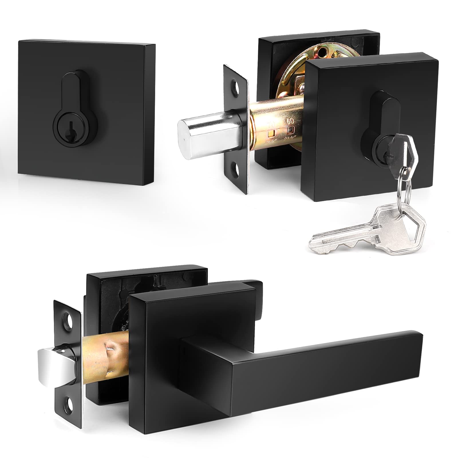 Probrico Modern Square Lock Set - Flat Black Passage Door Lever with Double Cylinder Deadbolt Combo (Keyed Alike) - 1 Pack Exterior Door Handle & Deadbolt Set for Home Security & Entry Doors