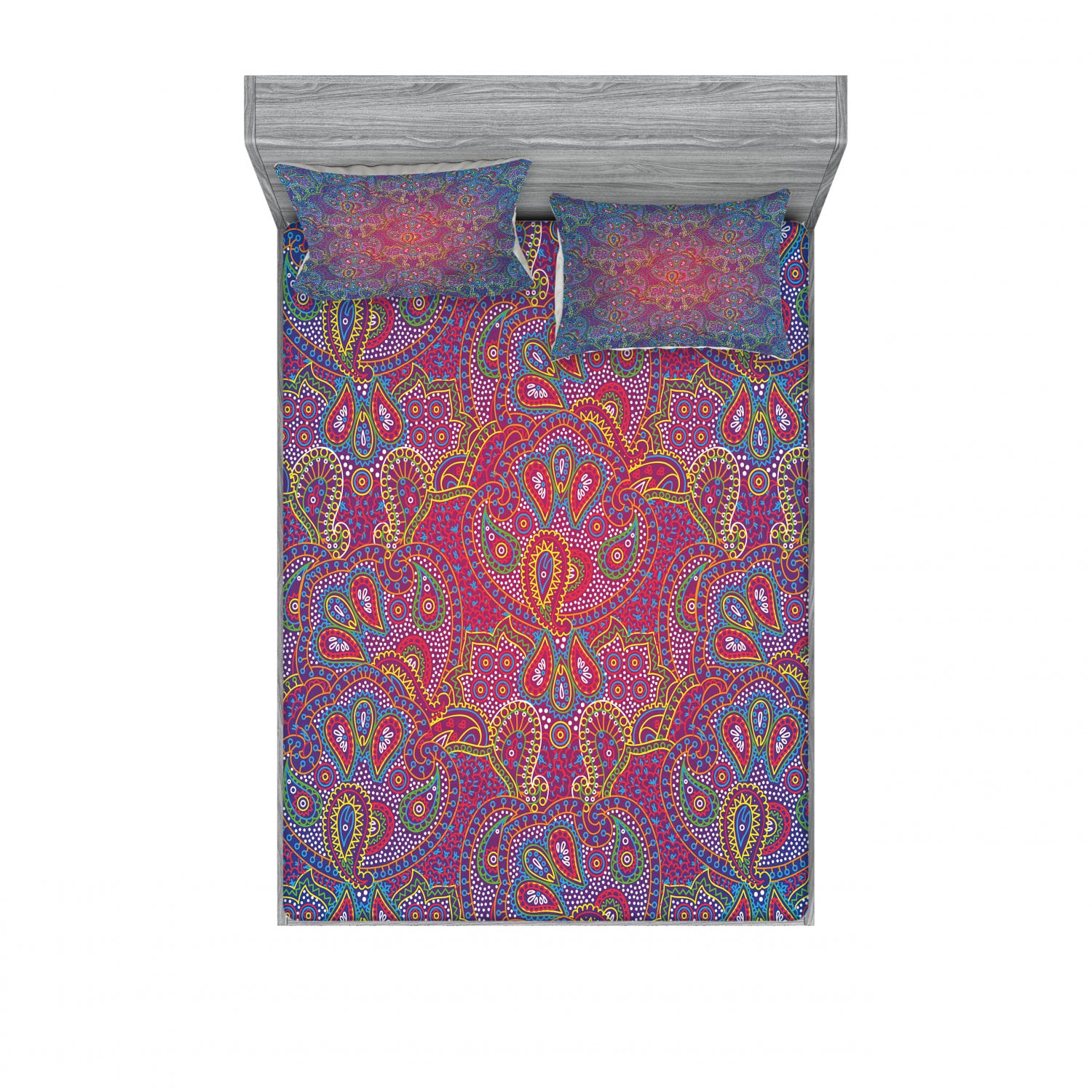 Boho Paisley King Size 2-Pack Fitted Sheet & 4 Pillow Sham Set - Indigo Yellow Green Blue Ethnic Bedding Decor | Perfect for Bohemian & Eclectic Bedroom Styling