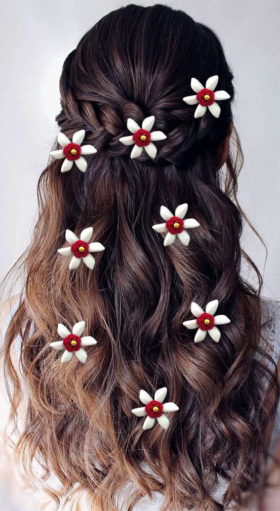 Elegant Artificial Jasmine Flower Hair Pin with Pearls - Bridal Hair Accessories for Weddings, Prom & Special Occasions - Red Floral Bun Pins (Pack of 8)