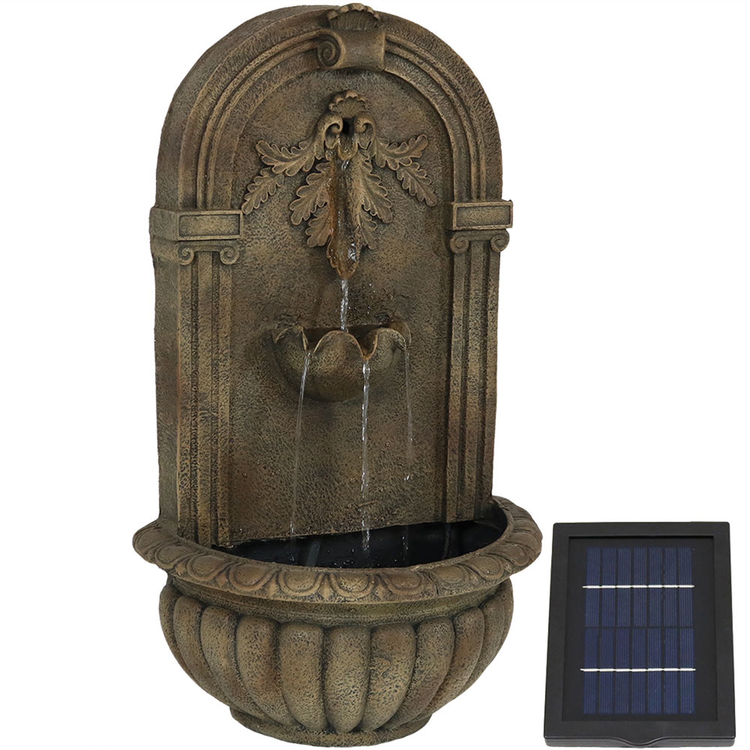 Sunnydaze Florence Solar Outdoor Wall Fountain - Elegant Florentine Stone Design for Garden, Patio & Backyard Decor | Eco-Friendly Solar Powered Water Feature