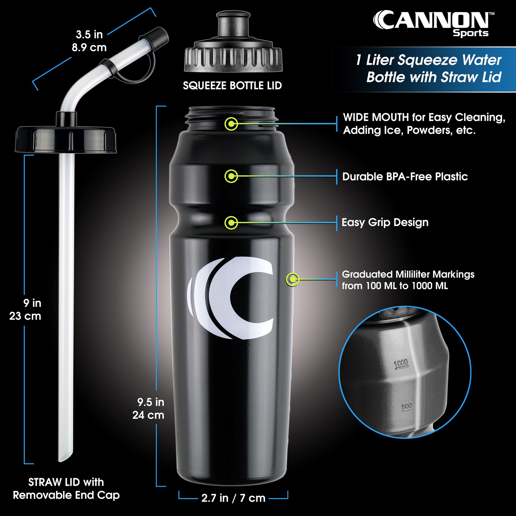 Cannon Sports 1 Liter BPA-Free Water Bottle - 34 Oz Large Mouth Sports Bottle with 2 Lids (Straw & Squeeze) - Ideal for Hockey, Lacrosse, Football, Boxing & Outdoor Activities - Perfect for Gym, Hiking & Sports Training (Black)