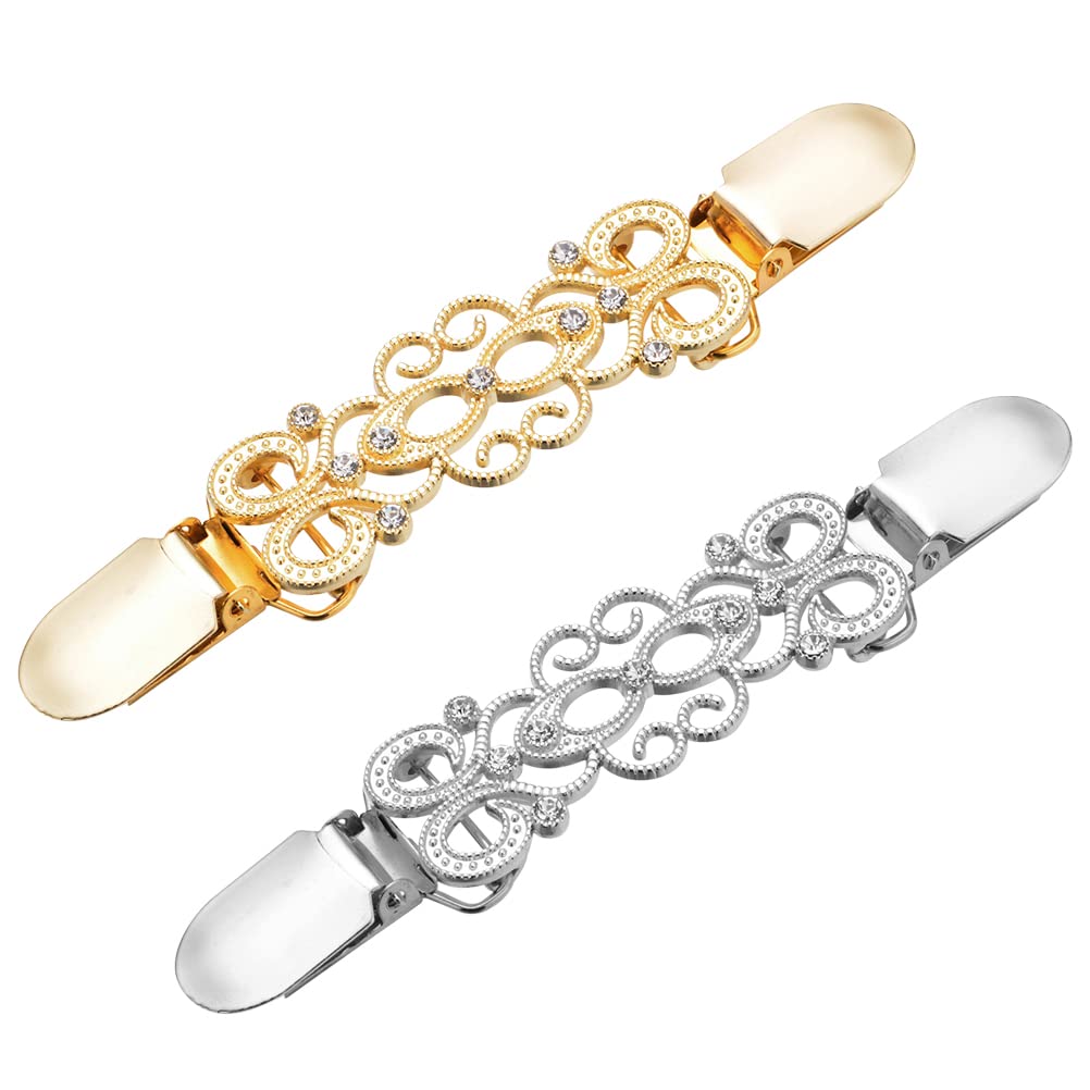 Vintage Sweater Shawl Clips 2 Pack - Gold & Silver Cardigan Collar Clasps for Dresses, Blouses & Shawls | Perfect for Layering Outfits & Securing Scarves