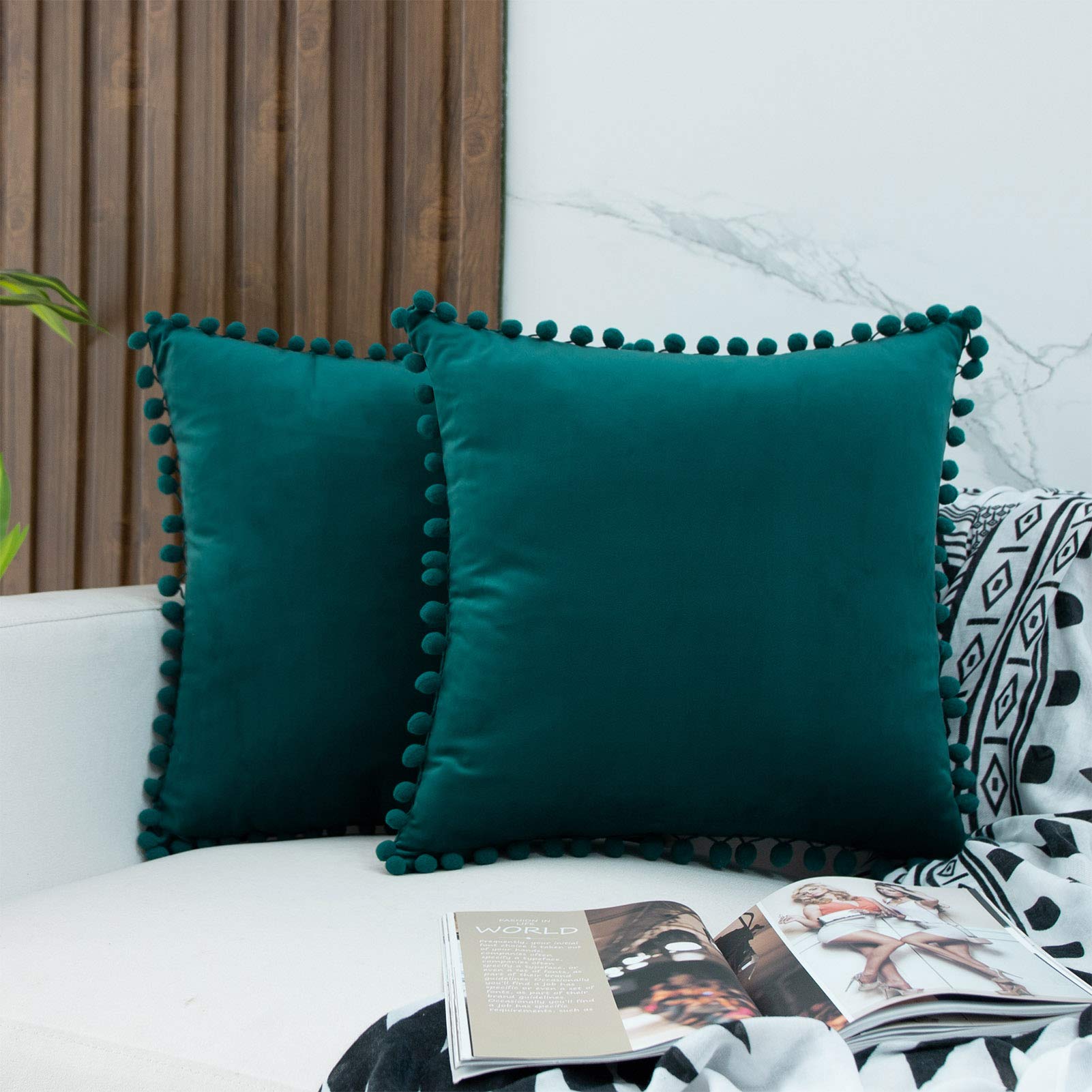 JUSPURBET 24x24 Inch Decorative Velvet Pillow Covers with Cute Pom Poms - Pack of 2 Soft Cushion Cases for Couch, Sofa & Bed - Peacock Blue - Perfect for Living Room Decor, Home Styling & Cozy Comfort