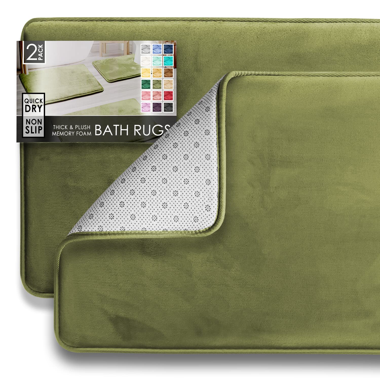 Ultra Soft Bath Mat Set - Non-Slip Velvet Memory Foam Bathroom Rugs (2-Pack, 20x32, Sage Green) for Cozy Bathroom Comfort