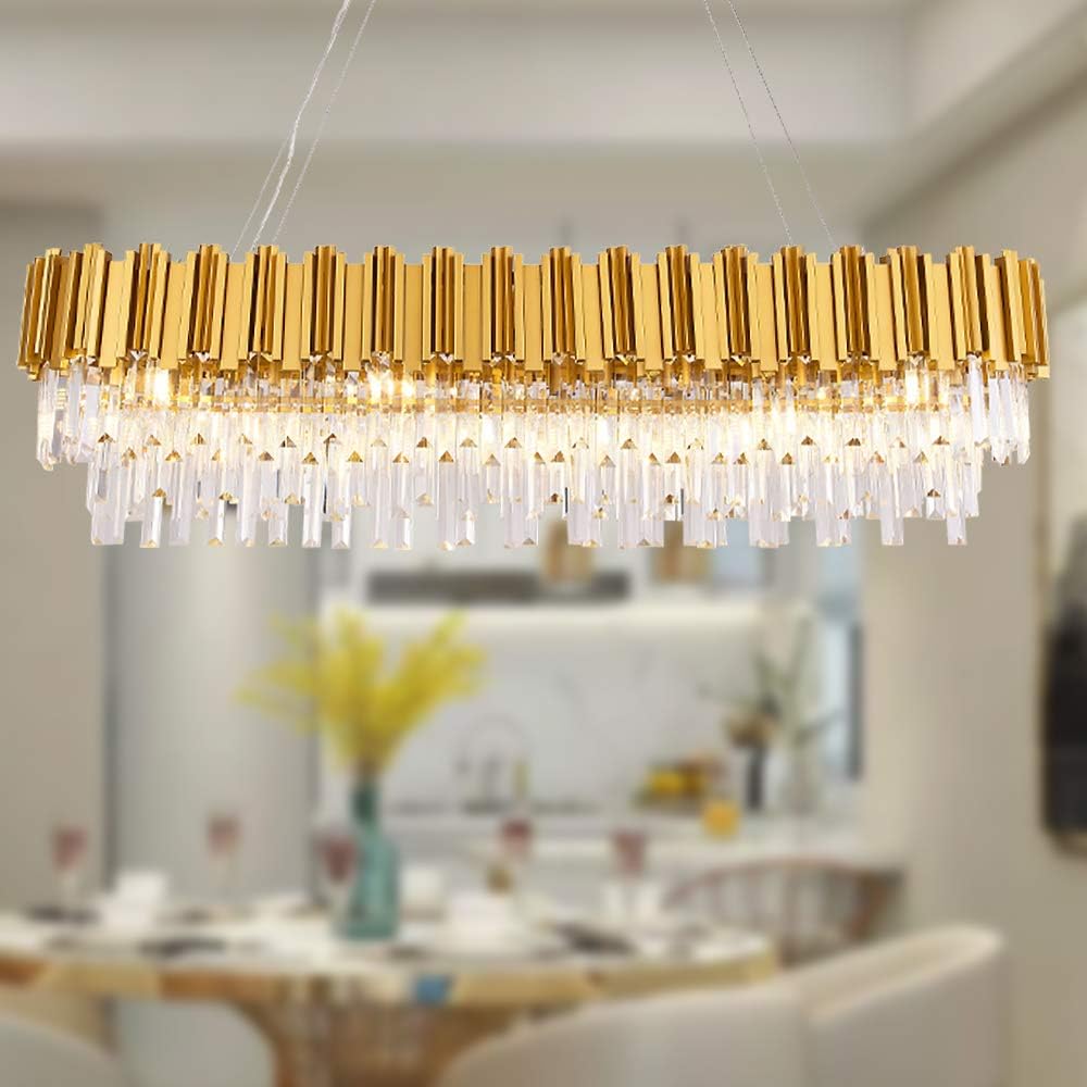 Luxury Modern Crystal Linear Chandelier - Oval Raindrop Pendant Ceiling Light Fixture in Gold | Elegant Lighting for Kitchen Island, Dining Room, Living Room & Bedroom | Perfect for Home Decor, Wedding Venues and Luxury Interior Design
