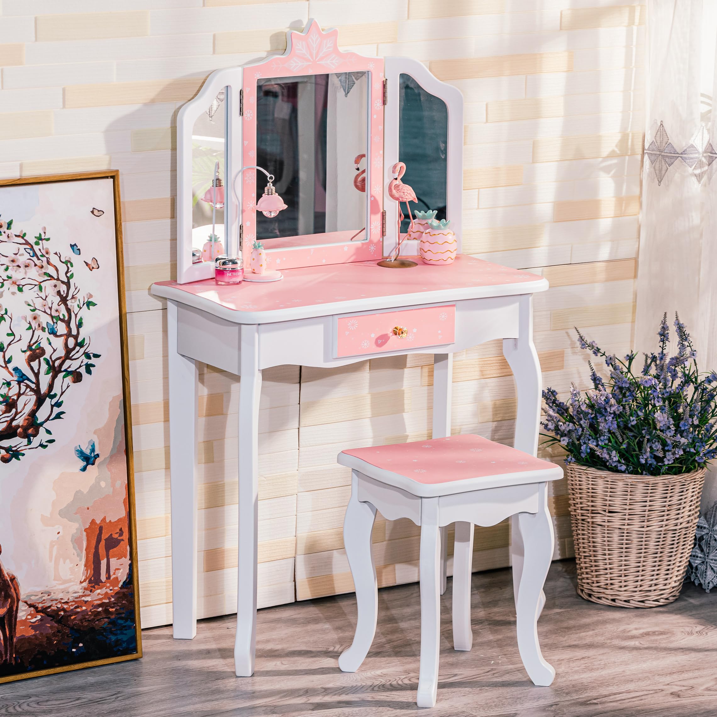 Memoryfield Kids Vanity Set - Wooden Princess Makeup Dressing Table with Mirror, Stool & Drawer | 2-in-1 Toddler Vanity for Girls | Pretend Play, Birthday Gift & Bedroom Decor (Pink/White) - Perfect for Playroom, Nursery or Girls' Bedroom