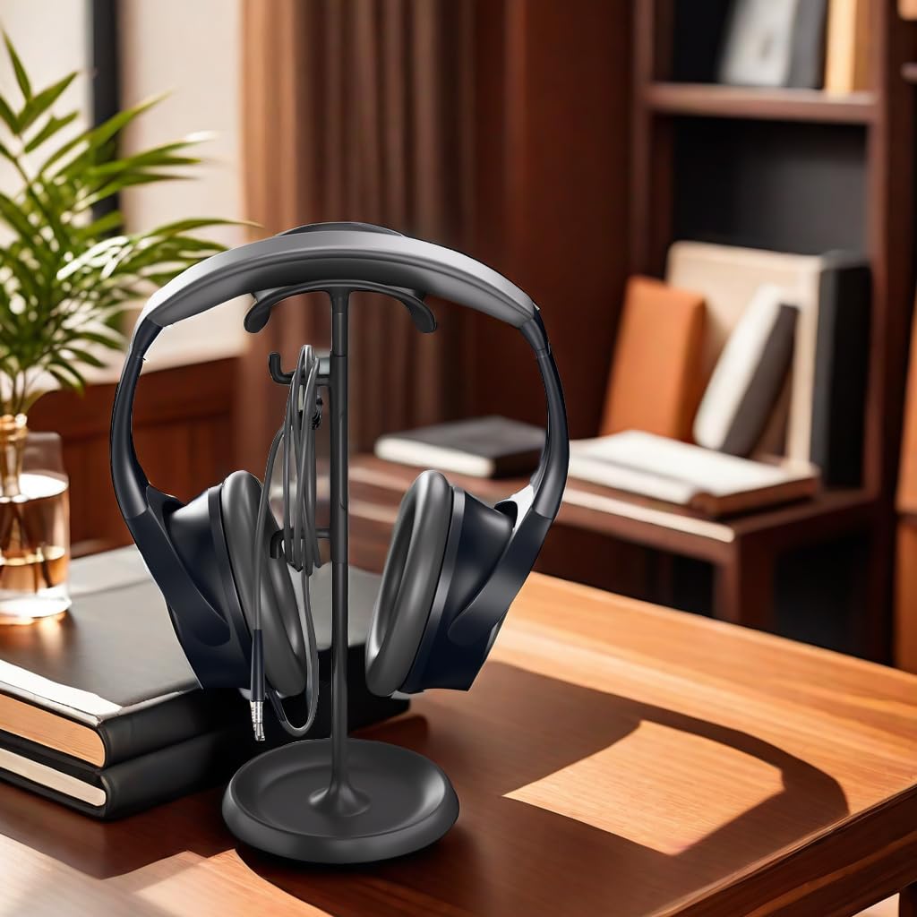 Wigmoa Premium Headphone Stand with Cable Organizer & Storage Tray - Universal Holder for AirPods Max/Pro, Beats, Bose & Gaming Headsets - No Tools Required (Black) - Perfect for Desk, Office & Gaming Setup Organization