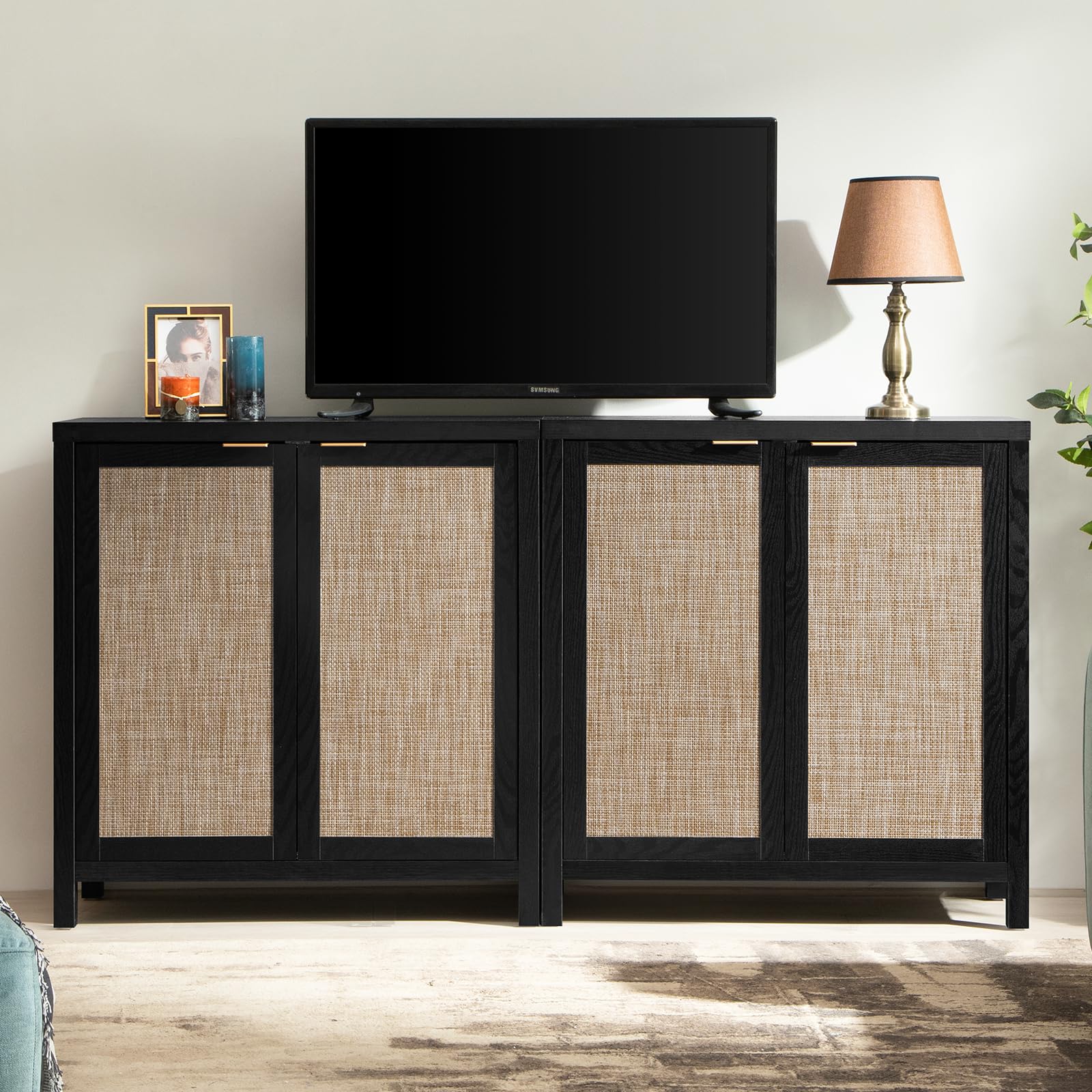 SICOTAS 2-Piece Black Boho Rattan Sideboard Buffet Cabinet with Storage - Modern Accent Coffee Bar Console for Dining Room, Living Room, Entryway & Kitchen - Perfect for Home Decor, Entertaining & Extra Storage Space