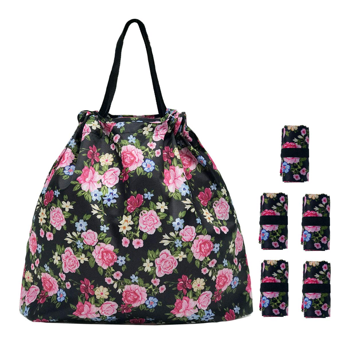 5 Pack Reusable Foldable Grocery Shopping Bags - Lightweight Polyester Tote Bags in Pink Peony for Groceries, Farmers Market & Daily Errands