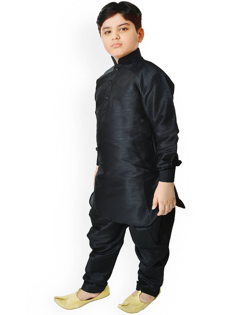 Premium Black Kurta Pajama Set - 100% Pure Dhupion Silk Men's Traditional Indian Wear for Festivals, Weddings & Special Occasions