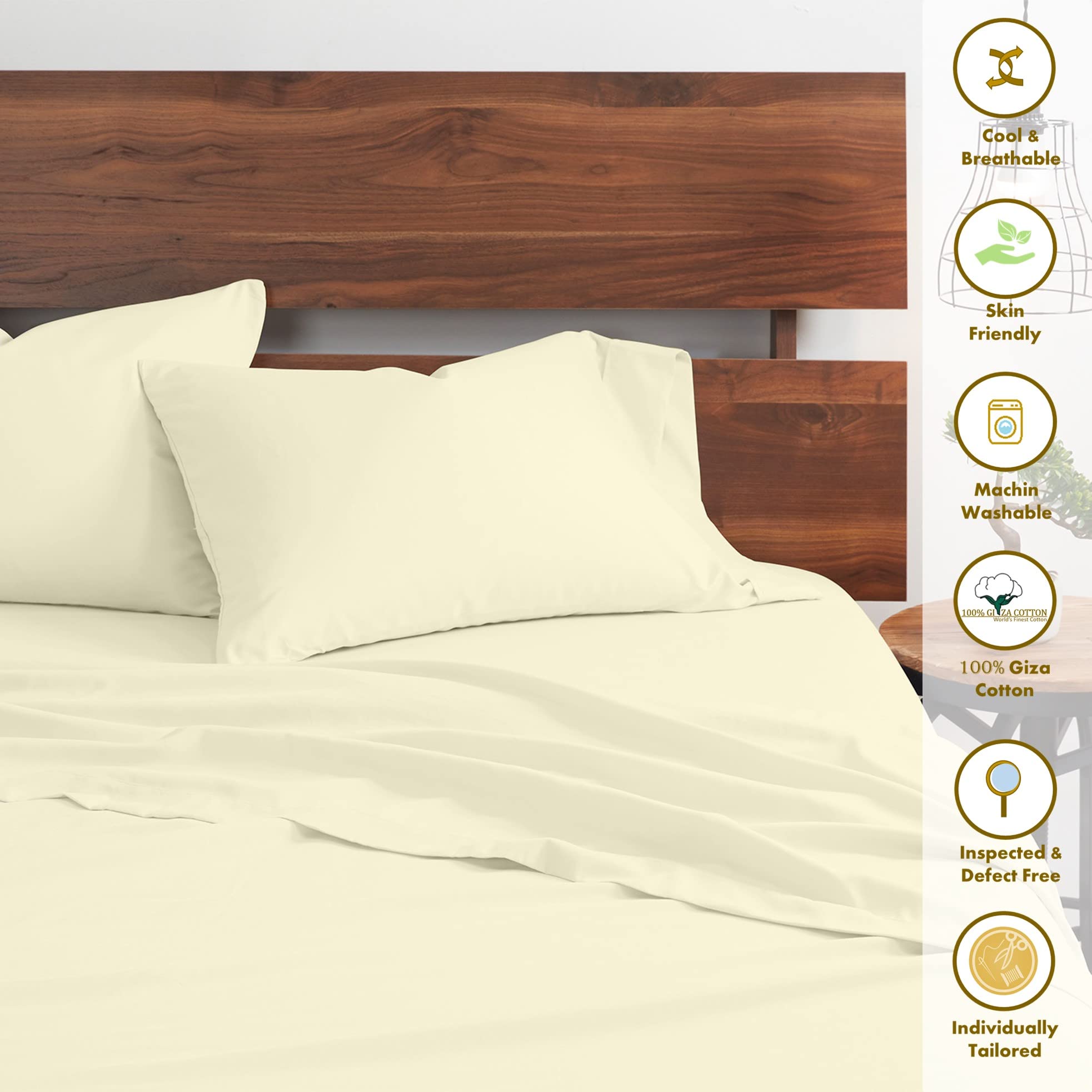 100% Certified Giza Cotton Pillowcase & Sheet Set - RV Short Queen Size, Soft Sateen Weave, Breathable Egyptian Cotton Bedding for RVs & Campers, Fits Up to 15