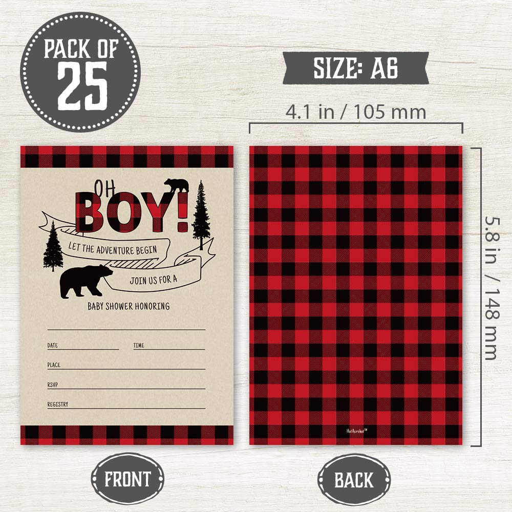 25-Piece Rustic Lumberjack Baby Shower Invitation Set for Boys - Buffalo Plaid Oh Boy Baby Shower Cards with Diaper Raffle Tickets & Envelopes - Perfect for Woodland-Themed Baby Showers and Gender Reveal Parties