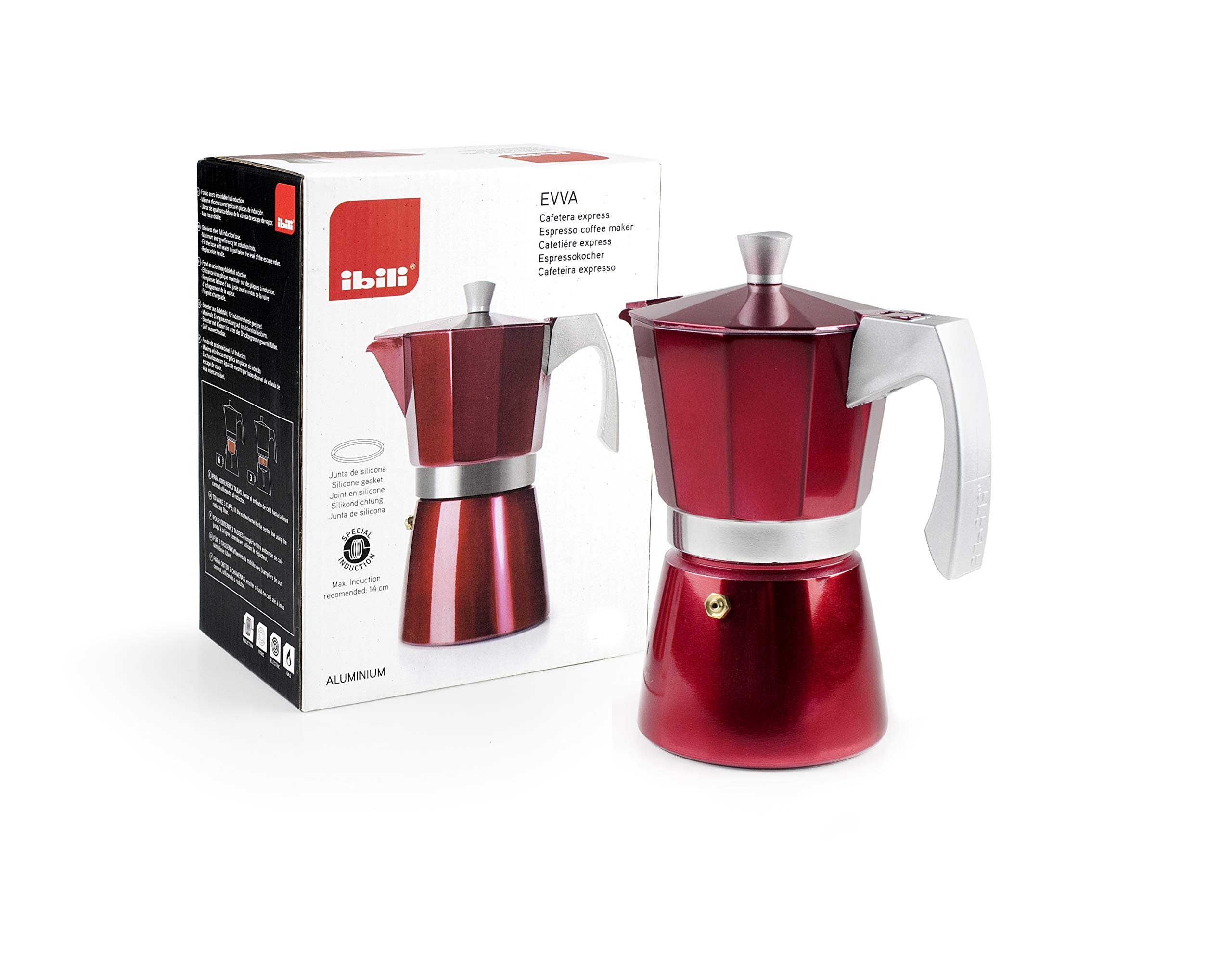 IBILI Evva Red 12-Cup Espresso Coffee Maker - Aluminum Stovetop Moka Pot (30 x 30 x 30 cm) - Perfect for Home, Office & Camping Coffee Brewing