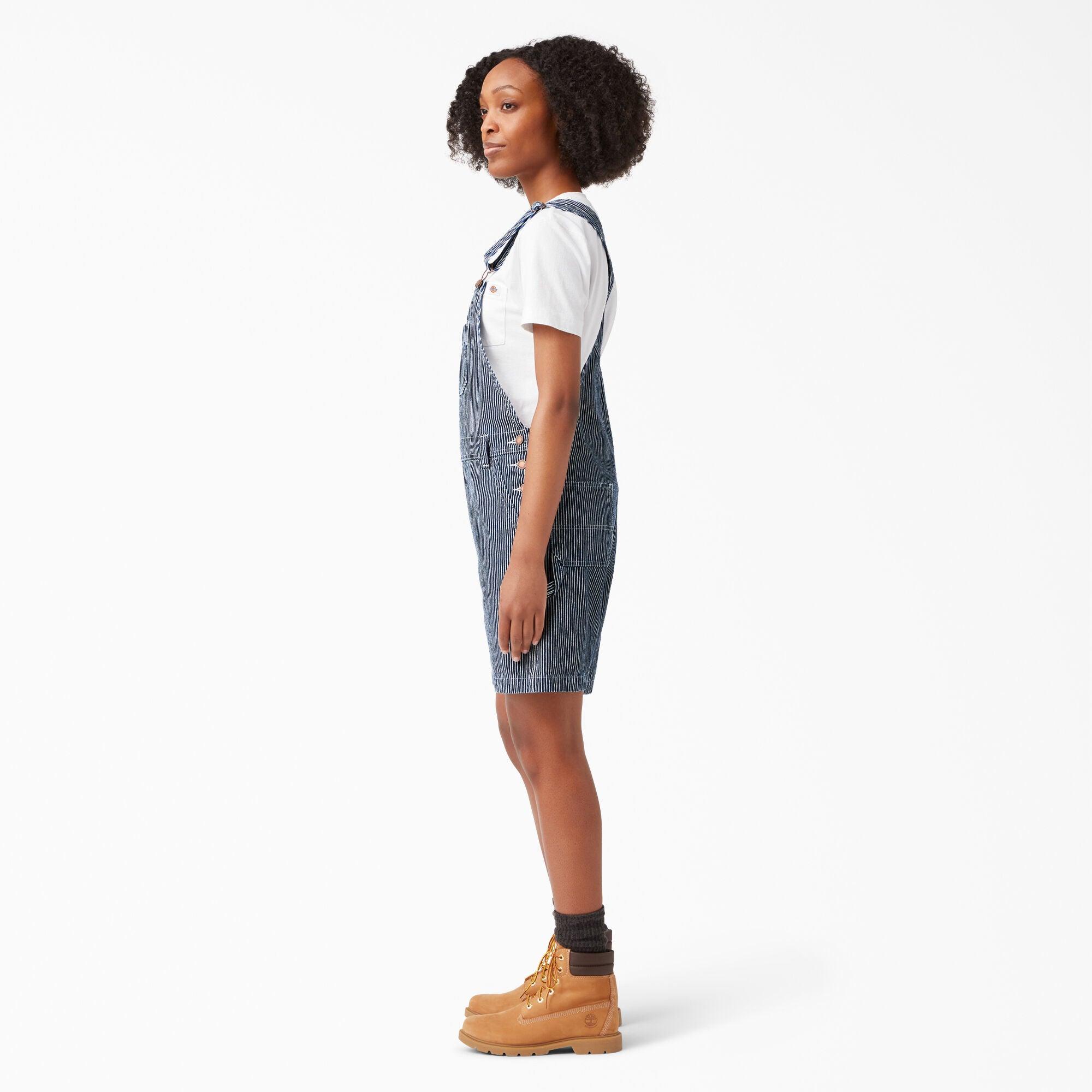 Women's Relaxed Fit Bib Shortalls - Size 7, Rinsed Hickory Stripe Denim Overalls for Casual Wear & Summer Outfits