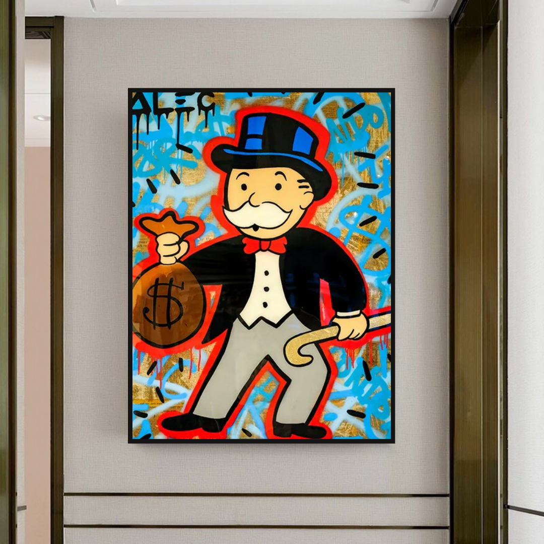 Alec Monopoly Money Bag Canvas Wall Art - Modern Pop Art Home Decor for Living Room, Bedroom & Office