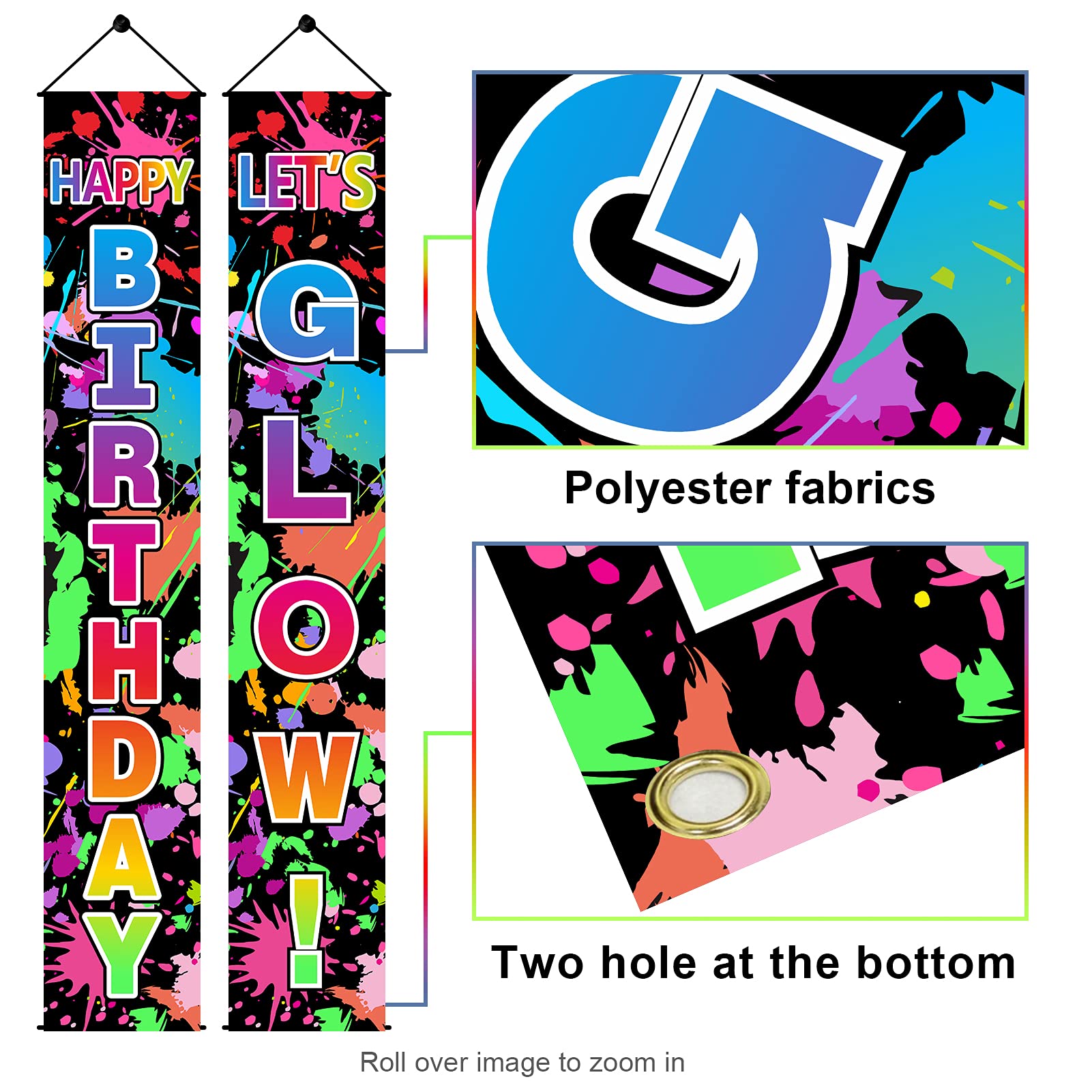 Glow in the Dark Neon Birthday Party Decorations - Happy Birthday Door Banner & Photography Backdrop - Perfect for Glow Themed Parties, Nighttime Celebrations, and Porch Photo Shoots