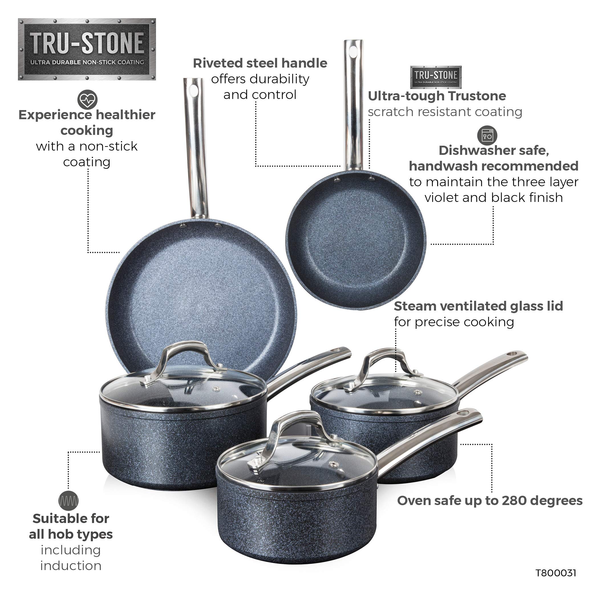 Trustone Non-Stick Frying Pan and Saucepan Set - 5 Piece Aluminum Cookware with Easy Clean Coating - Violet Black Kitchen Essentials for Sauteing, Frying & Cooking Pasta