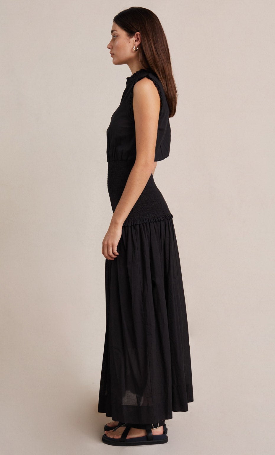 Felice Shirred Dress for Women - Flowy Black Midi Dress with Ruffles & Elastic Waist | Perfect for Casual Wear, Date Nights & Summer Outfits