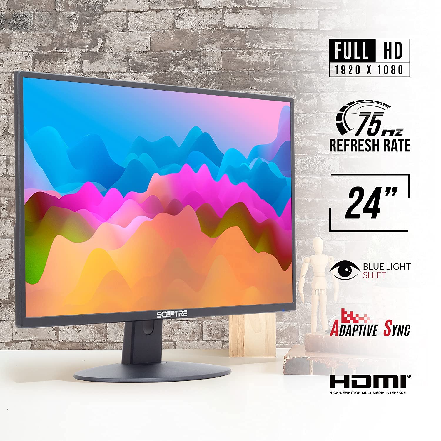 Sceptre E249W-19203R 24-inch Full HD 1080p LED Gaming Monitor with 75Hz Refresh Rate, Dual HDMI & VGA Ports, Built-in Speakers - Machine Black (Renewed) - Perfect for Home Office, Gaming Setup & Multi-Screen Workstations