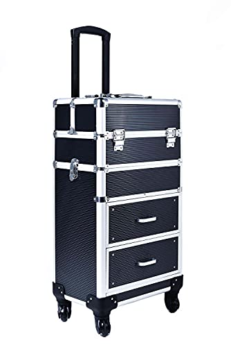 Professional Rolling Makeup Train Case with Drawers - Cosmetic Organizer & Travel Trolley for Beauty Professionals (Black) | Perfect for Salon, Bridal, and On-the-Go Makeup Artists