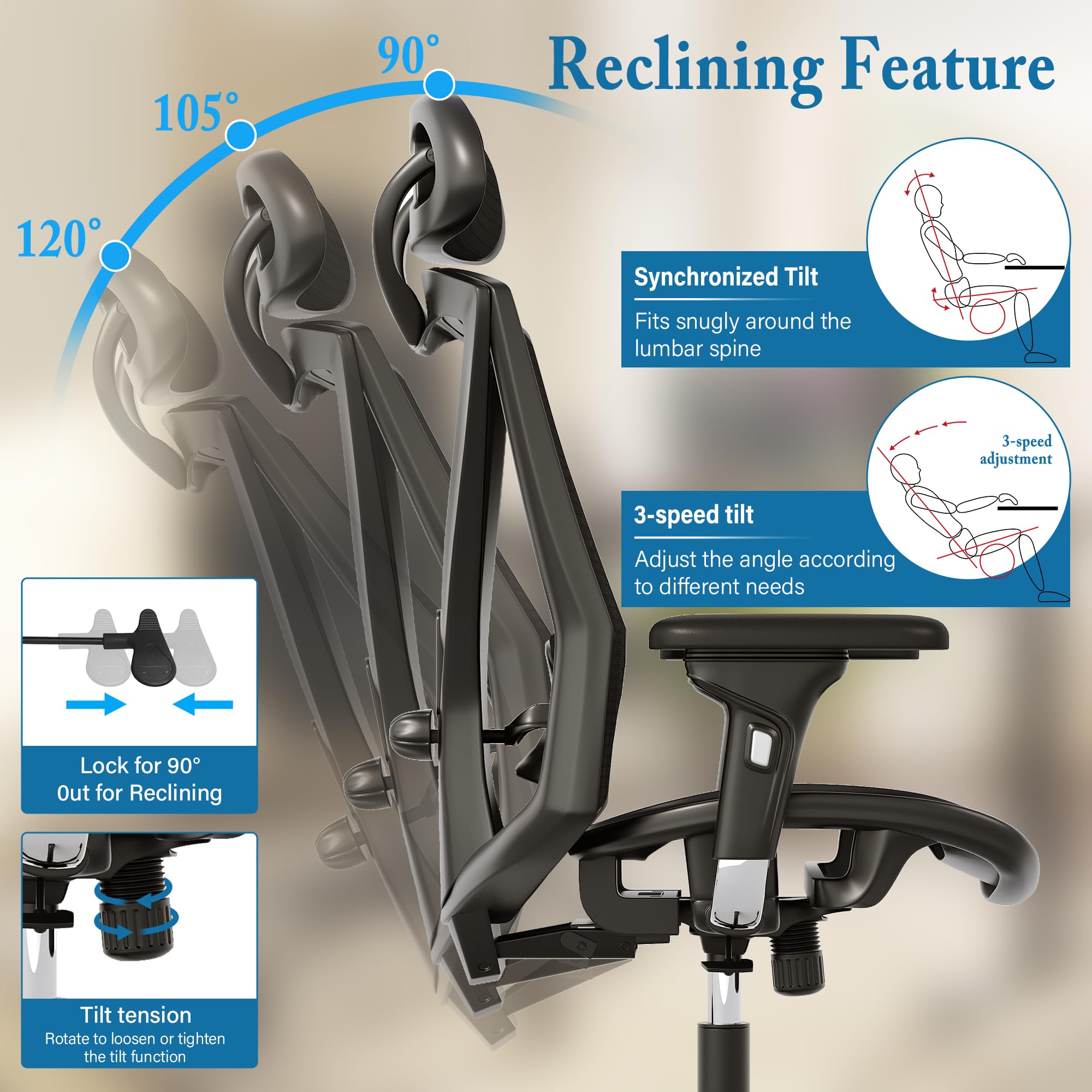 Ergonomic Office Chair - High Back Swivel Computer Gaming Desk Chair with Adjustable Armrests & Lumbar Support, Breathable Mesh Backrest, 3-Gear Tilt - Perfect for Home Office, Gaming Setup & Workspace Comfort